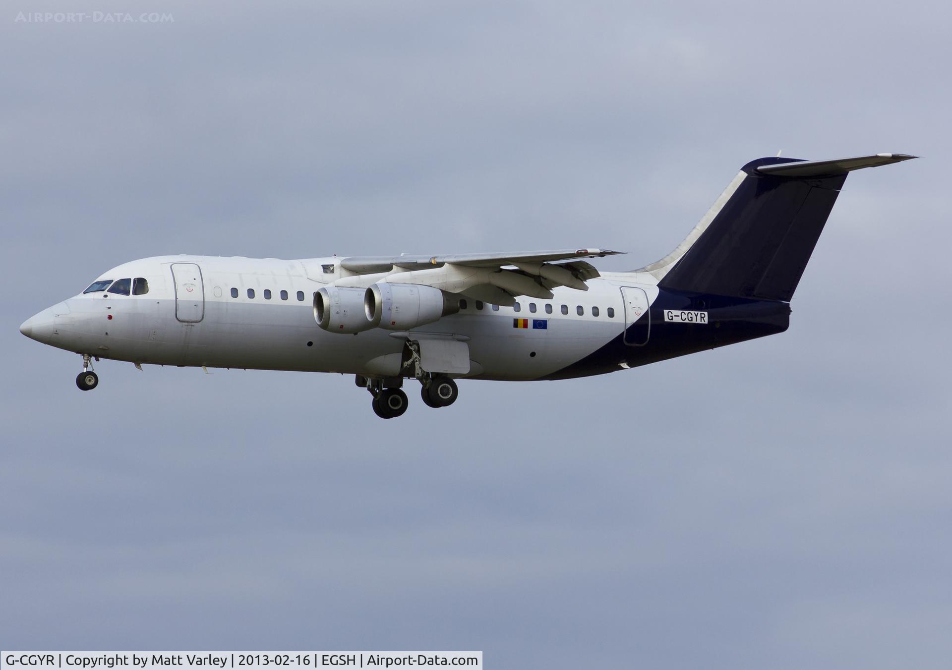 G-CGYR, 1995 British Aerospace Avro 146-RJ85 C/N E.2273, Arriving at EGSH for spray.