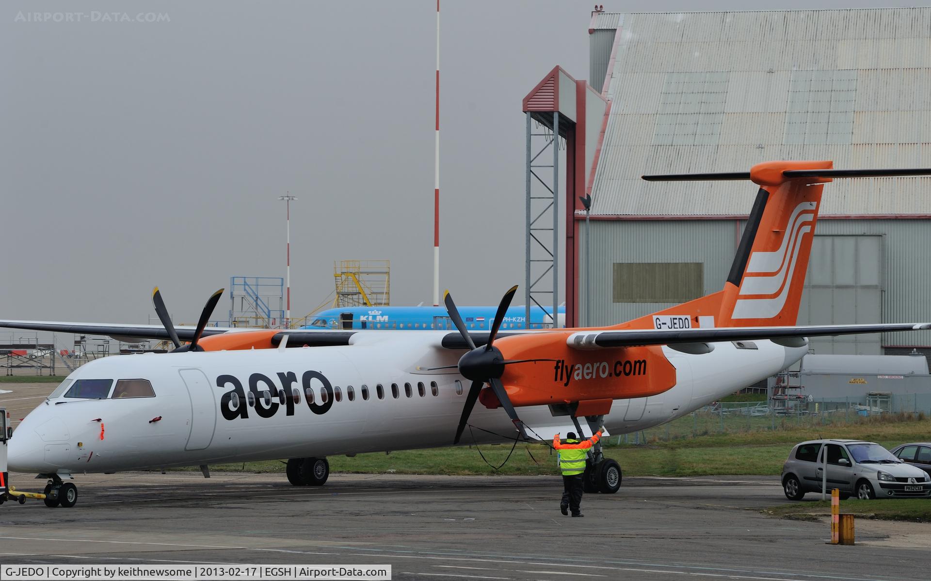 G-JEDO, 2003 De Havilland Canada DHC-8-402Q Dash 8 C/N 4079, Out of spray shop as Aero Contractors.