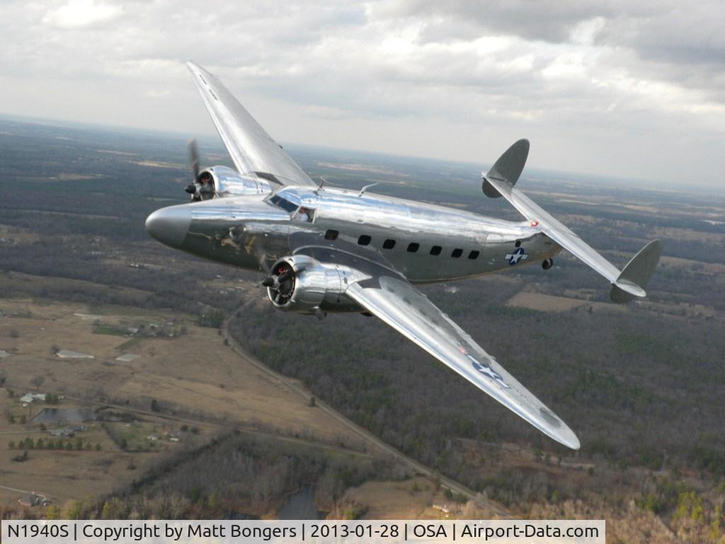 N1940S, 1943 Lockheed 18-56 Lodestar C/N 18-2509, Shot taken near near Mt. Pleasant Texas soon  after 14 month / 5000 man hour restoration.   Pilot: Scott Glover / Co-Pilot:  Andrew Kiest.