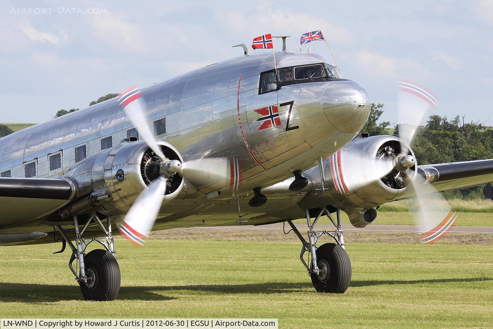 LN-WND, 1943 Douglas C-53D-DO Skytrooper (DC-3A) C/N 11750, At Flying Legends 2012. Taxiing in after displaying.