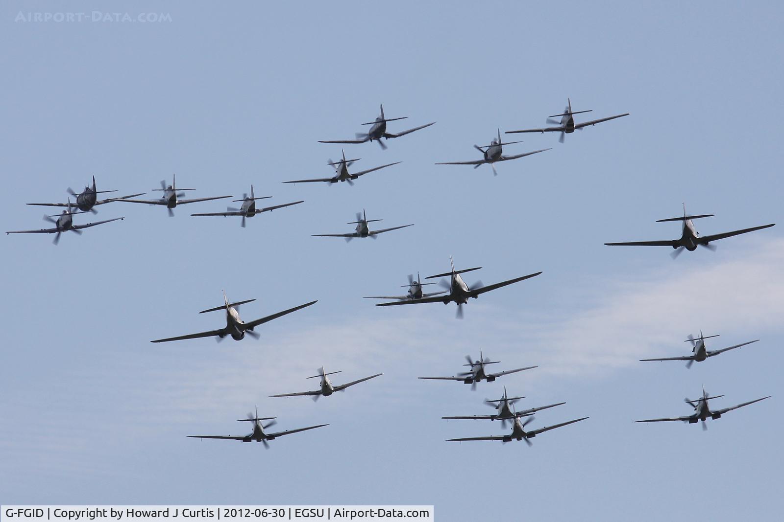 G-FGID, 1945 Goodyear FG-1D Corsair C/N 3111, At Flying Legends 2012. 20 warbirds in one formation to finish off another superb show! (P-38 N25Y had broken off from this group already.)