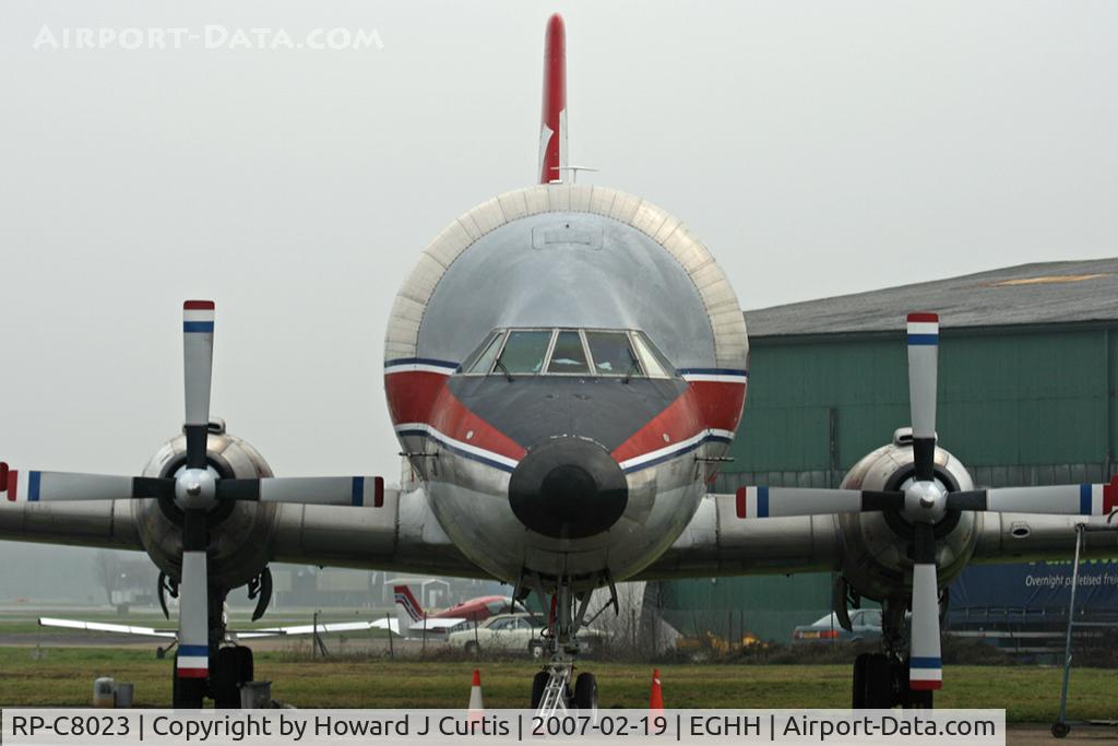 RP-C8023, 1969 Canadair CL-44-0 Skymonster C/N 16, Shot of the Skymonster nose on, showing the enlarged fuselage. It was still in the same spot six years later.