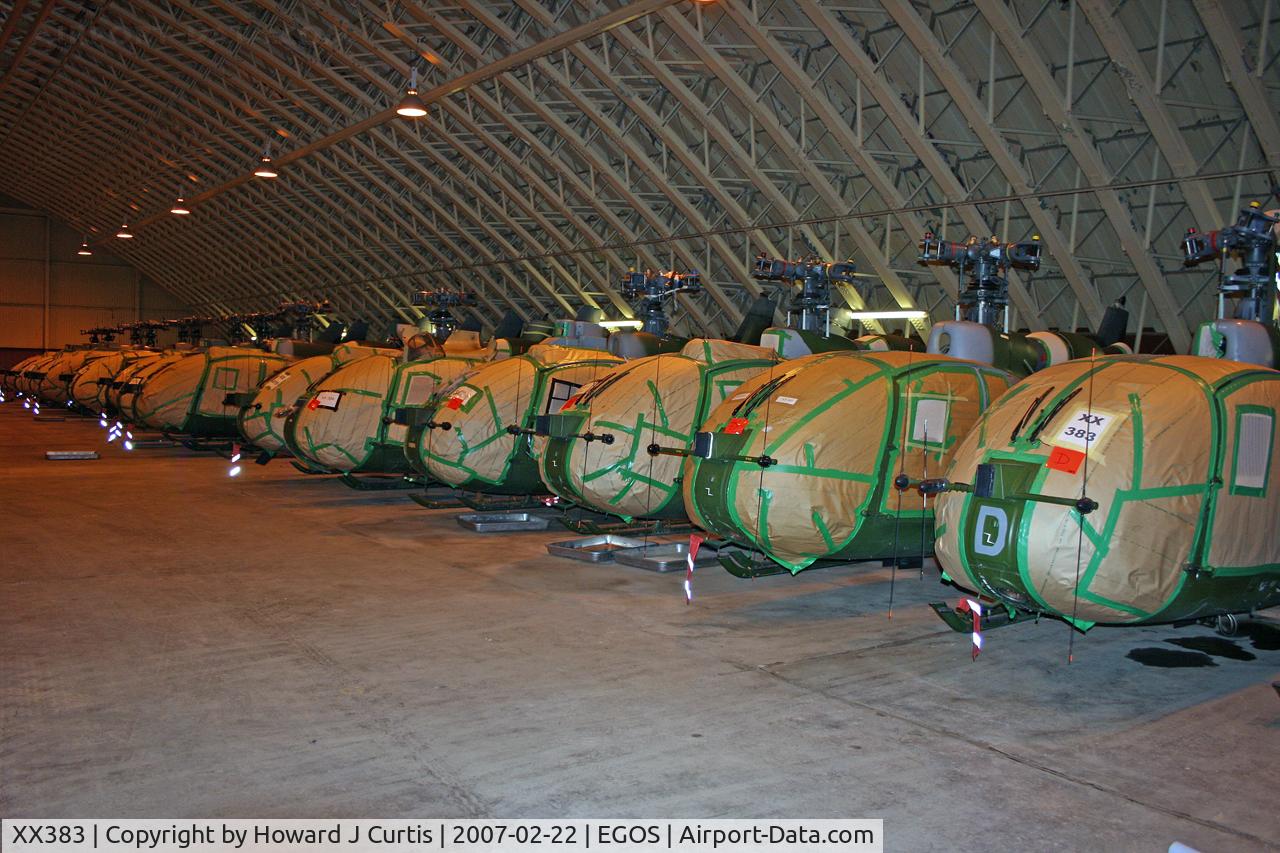 XX383, 1974 Westland SA-341B Gazelle AH1 C/N 1273, Army Air Corps, in store. About 18 or so visible in this line.