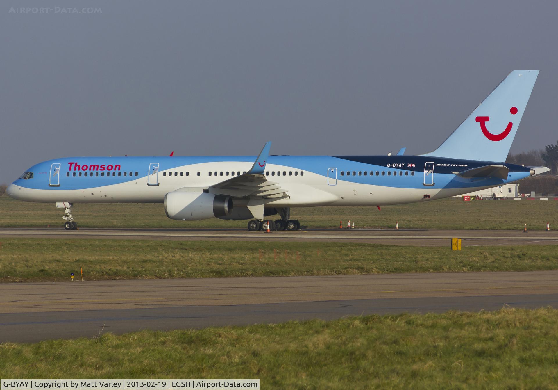G-BYAY, 1999 Boeing 757-204 C/N 28836, Sat on stand after spray into Thomson's Dreamliner livery.