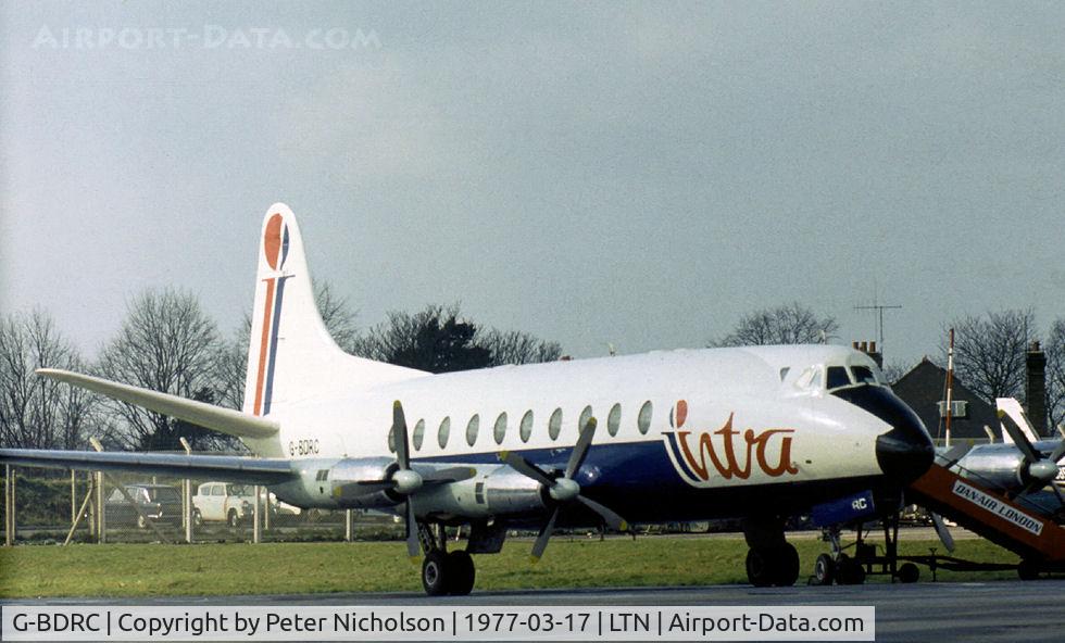 G-BDRC, 1955 Vickers Viscount 724 C/N 52, Viscount 724 of Intra Airways as seen at Luton in the Spring of 1977.
