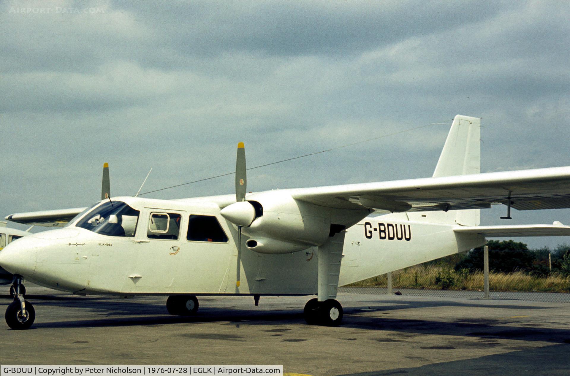 G-BDUU, 1976 Britten-Norman BN-2A-26 Islander C/N 518, BN-2A-26 Islander as seen at Blackbushe in the Summer of 1976.