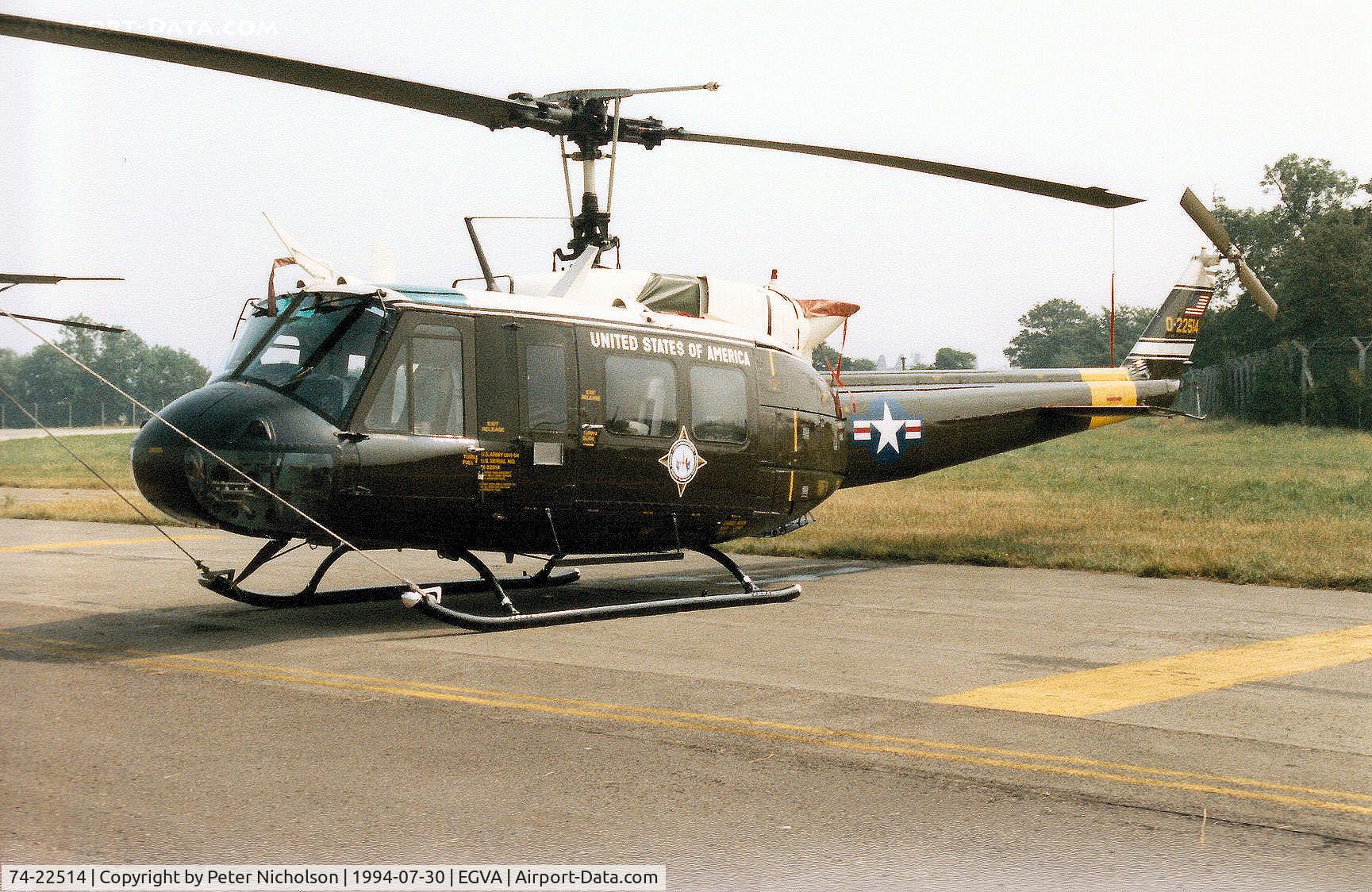74-22514, 1974 Bell UH-1H Iroquois C/N 13838, UH-1H Iroquois, callsign Clue 39, of the United States European Command on display at the 1994 Intnl Air Tattoo at RAF Fairford.