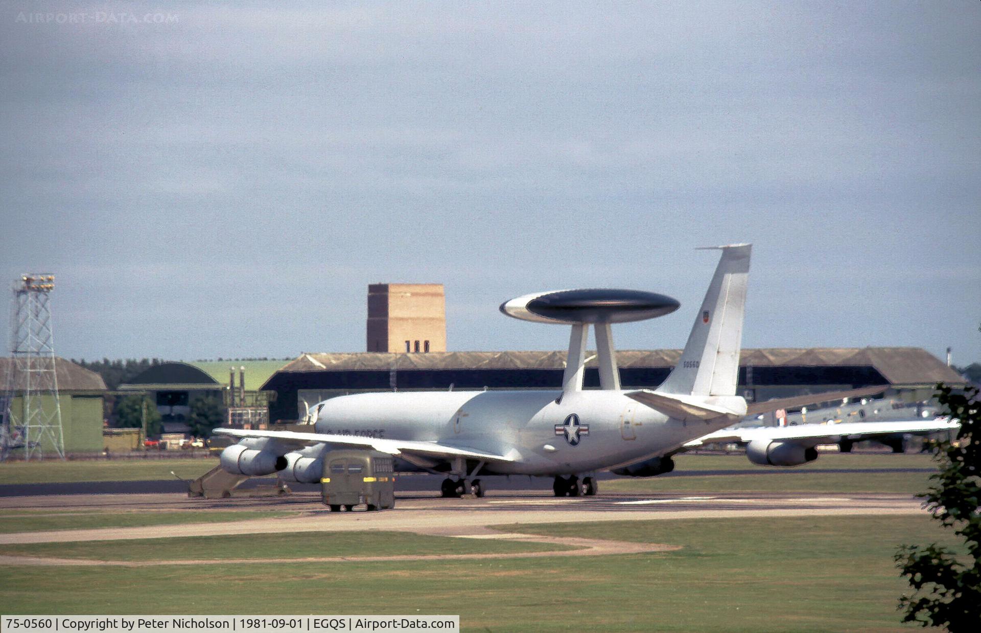 75-0560, 1975 Boeing E-3A Sentry C/N 21250, E-3A Sentry of the 552nd Airborne Warning & Control Wing on an Exercise Ocean Venture 81 mission seen at RAF Lossiemouth in Septembr 1981.
