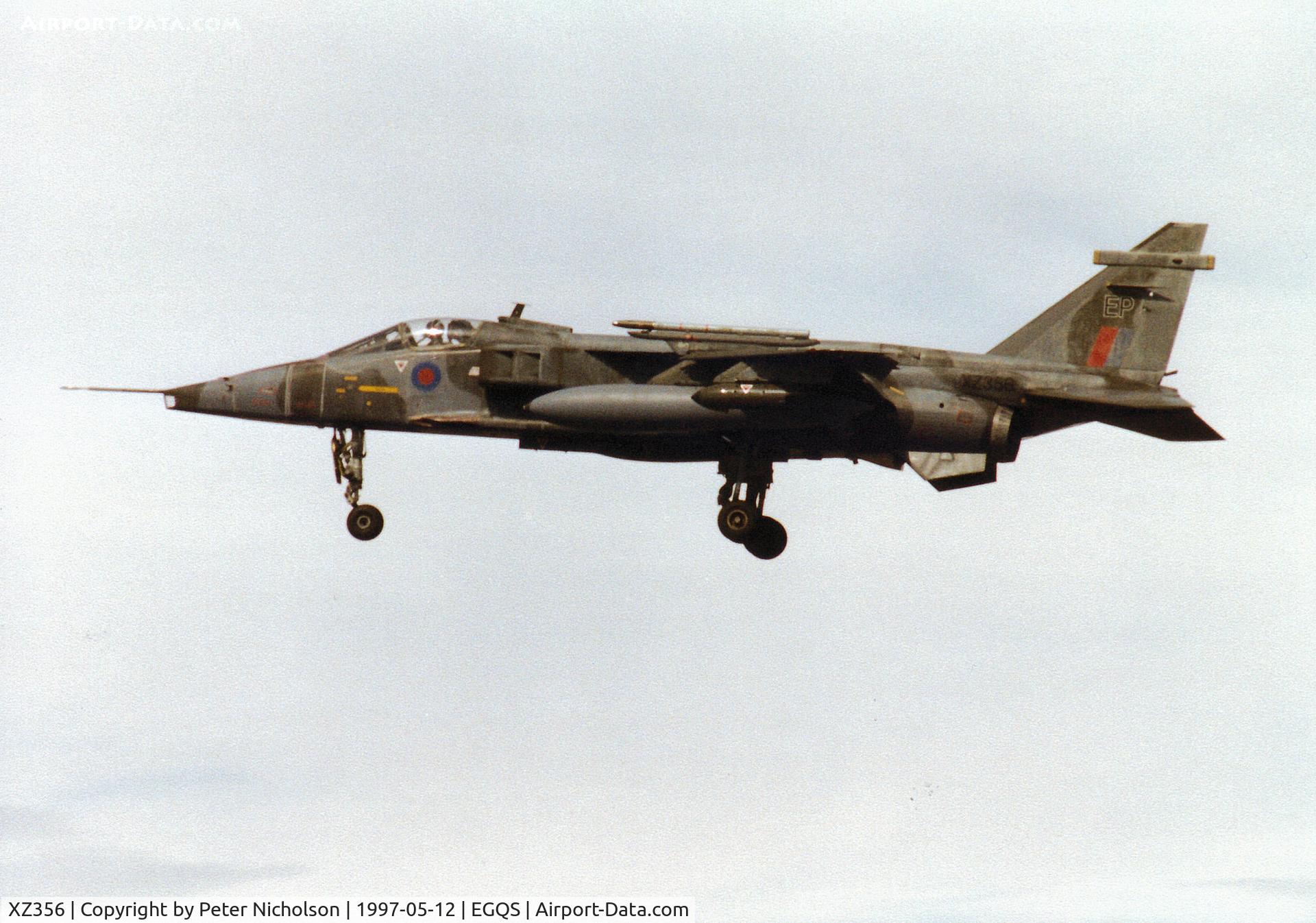 XZ356, 1976 Sepecat Jaguar GR.1A C/N S.123, Jaguar GR.1A, callsign Boxer 7, of 6 Squadron based at RAF Coltishall on finals to RAF Lossiemouth in May 1997.