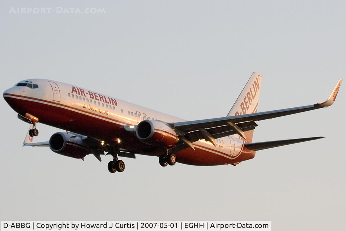 D-ABBG, 2002 Boeing 737-86J C/N 32918, Air Berlin. Landing at dusk.