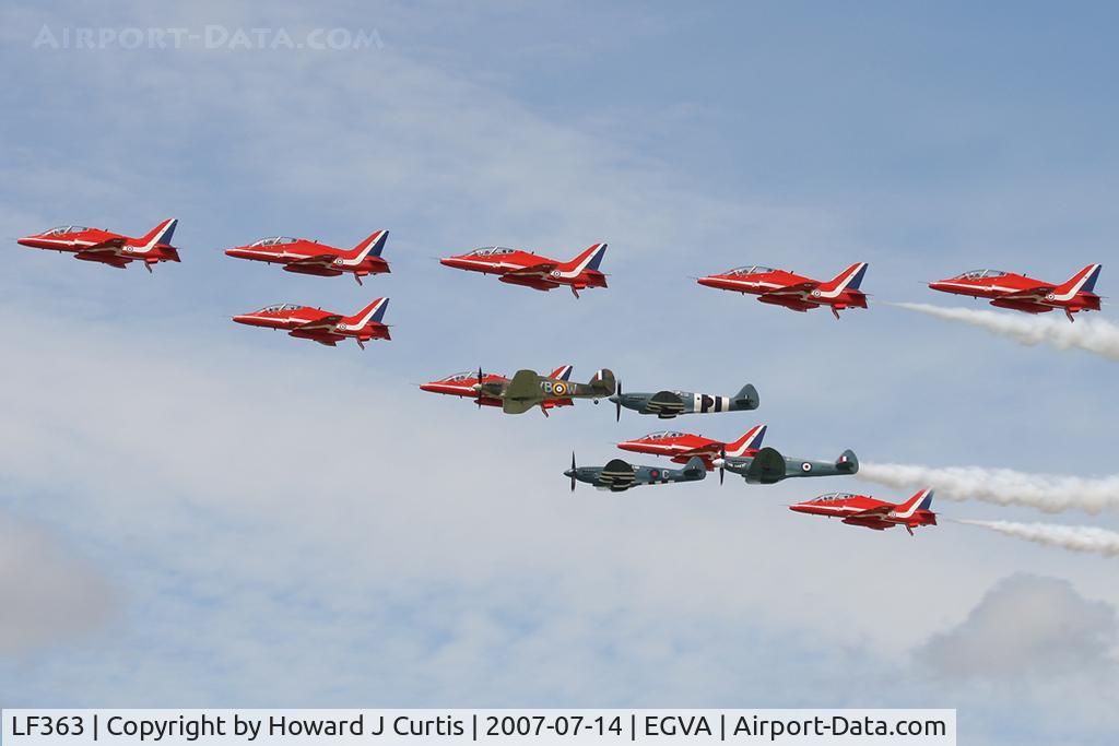 LF363, 1944 Hawker Hurricane IIC C/N 41H/469290, RIAT 2007. Formation of the Red Arrows, Hurricane LF363 and three Spitfires.