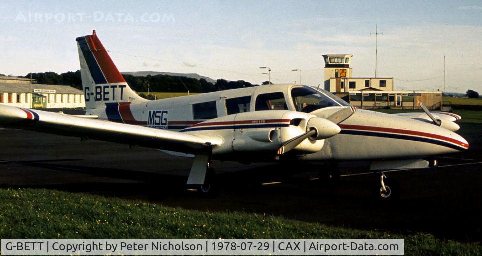 G-BETT, 1971 Piper PA-34-200 Seneca C/N 34-7250011, PA-34 Seneca 200 II of MSG Aviation visiting Carlisle in the Summer of 1978.