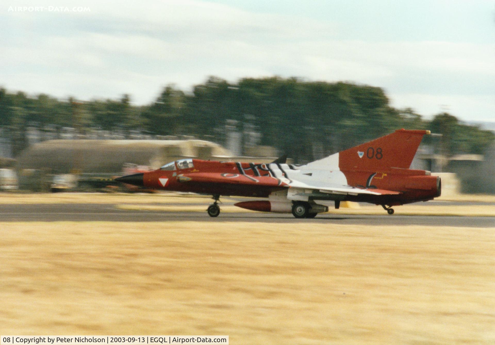 08, Saab J-35Oe MkII Draken C/N 35-1408, J-35Oe Draken, callsign Dragon 1, of the Austrian Air Force's Fliegerregiment 2 in action at the 2003 RAF Leuchars Airshow.