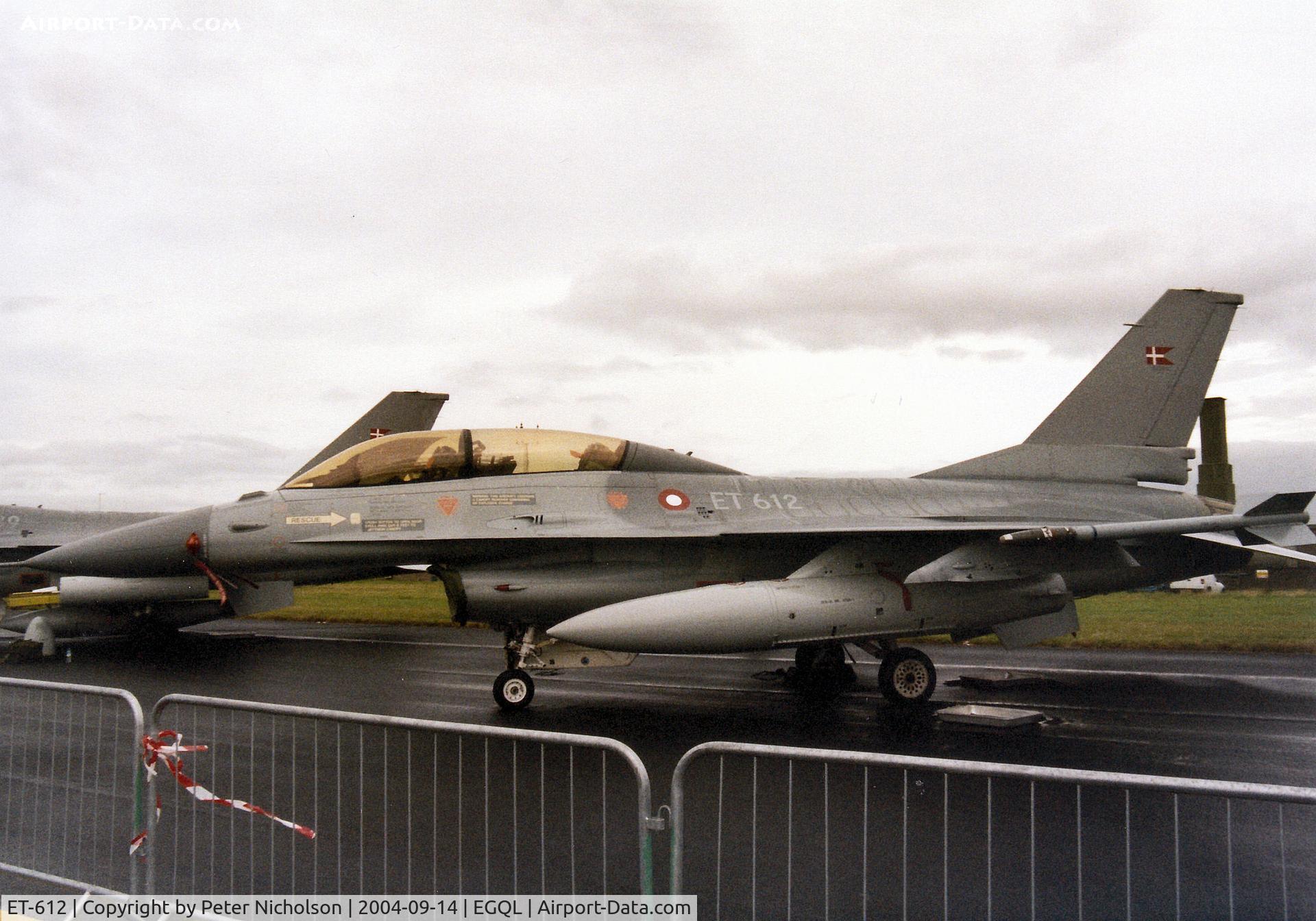 ET-612, SABCA F-16B Fighting Falcon C/N 6G-9, F-16BM Fighting Falcon, callsign Danish Air Force 3070 Bravo, of Eskradille 726 on display at the 2004 RAF Leuchars Airshow.