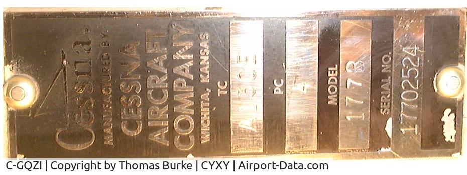 C-GQZI, 1976 Cessna 177B Cardinal C/N 17702524, Data Plate