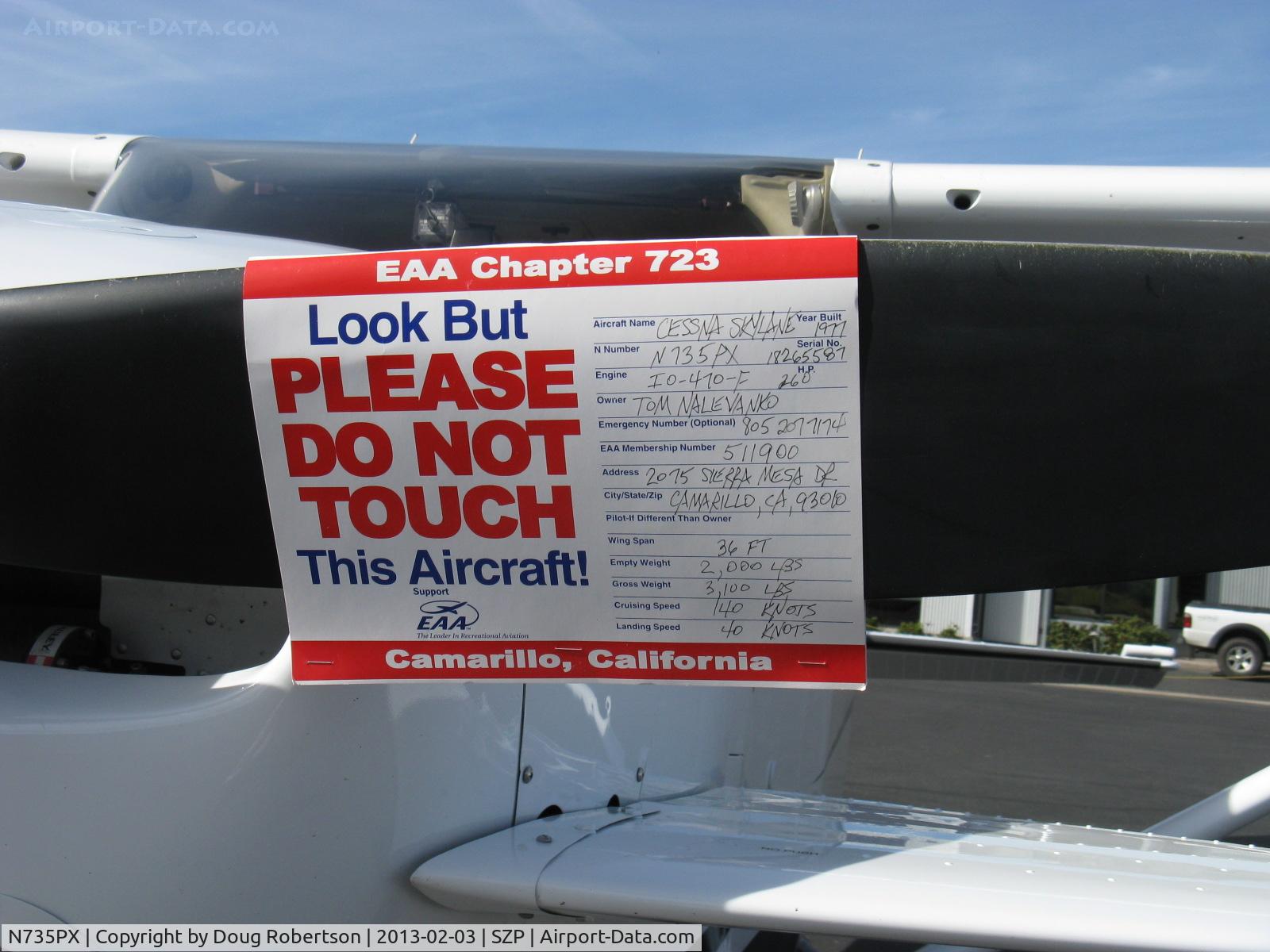 N735PX, 1977 Cessna 182Q Skylane C/N 18265587, 1977 Cessna 182Q SKYLANE as Peterson 260SE STOL by STC, Continental O-470-R 260 Hp upgrade, data card. Note forward movable angle of attack canard.