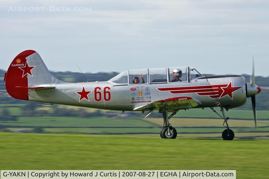 G-YAKN, 1985 Bacau Yak-52 C/N 855905, Part of the 'Aerostars' aerobatic team. Painted as 66 red.