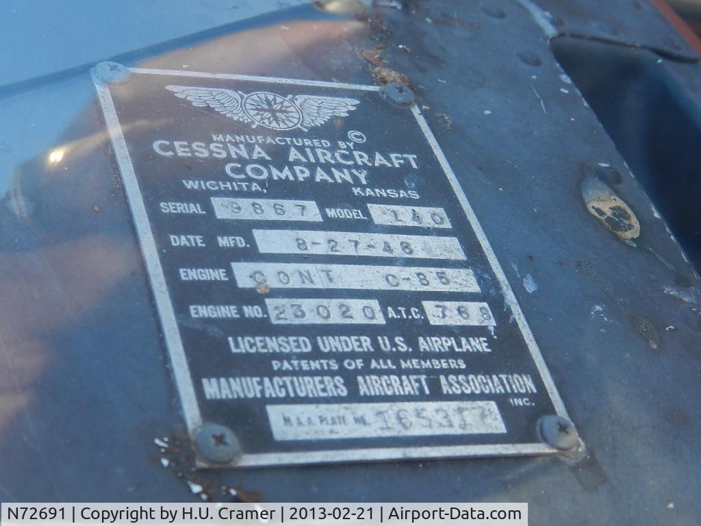 N72691, 1946 Cessna 140 C/N 9867, Original plate with manufacturer's data