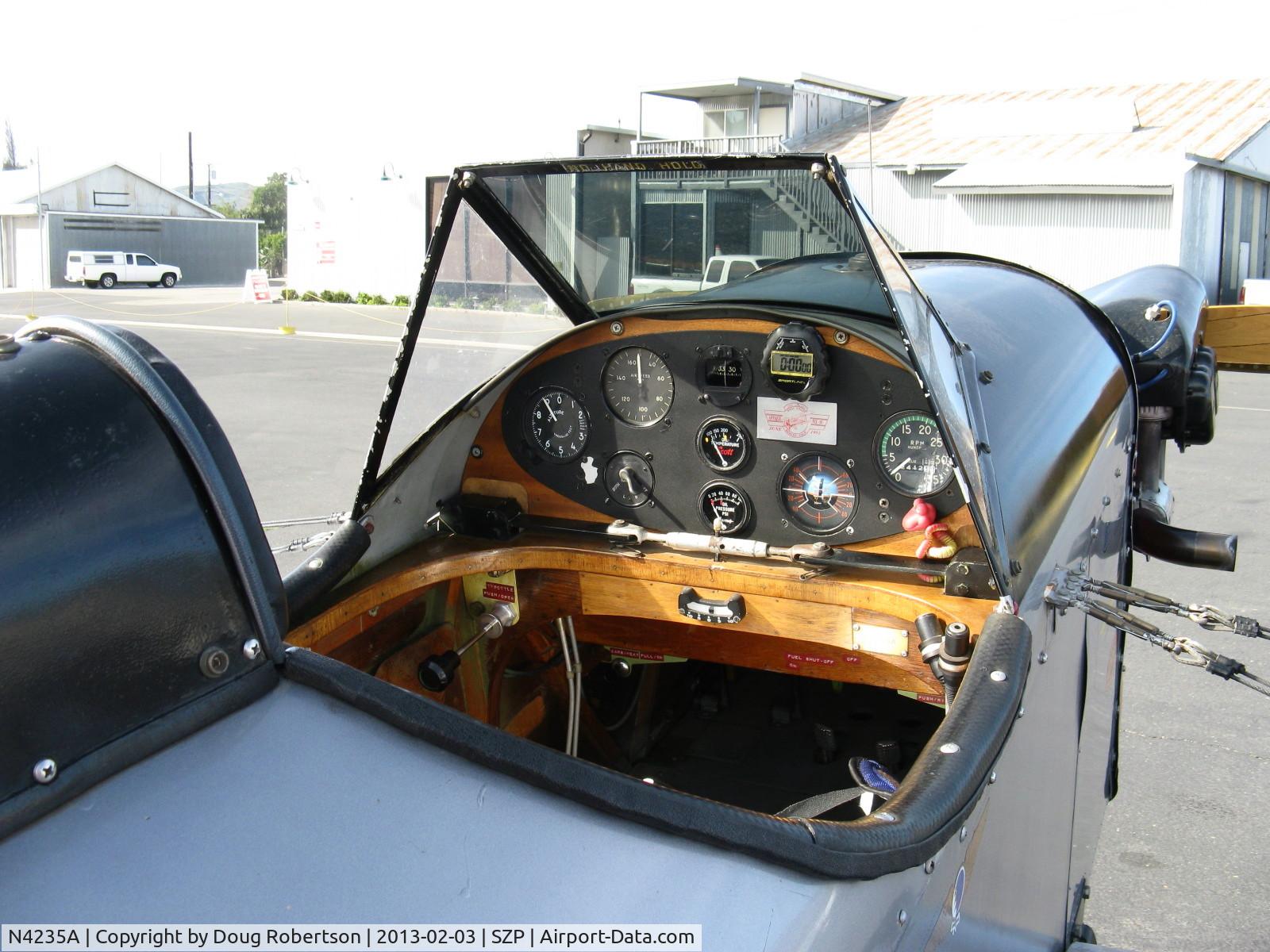 N4235A, Bowers Fly Baby C/N 73-21, 1991 Schuetz BOWERS FLY BABY 1-A, Continental C75 85 Hp, panel, note adjusted turnbuckle tension brace of wings at lower panel-front, a once popular plans-built homebuilt single seater.