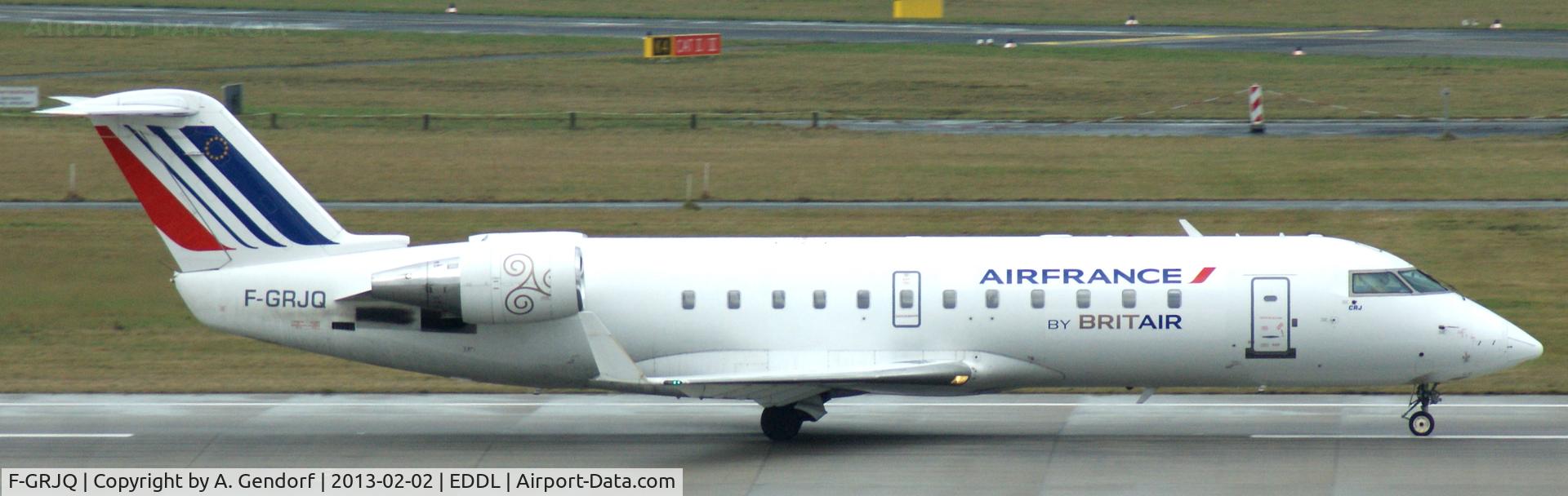 F-GRJQ, 1999 Canadair CRJ-100ER (CL-600-2B19) C/N 7321, Brit Air (Air France cs.), is speeding up on Runway 05R at Düsseldorf Int´l (EDDL)