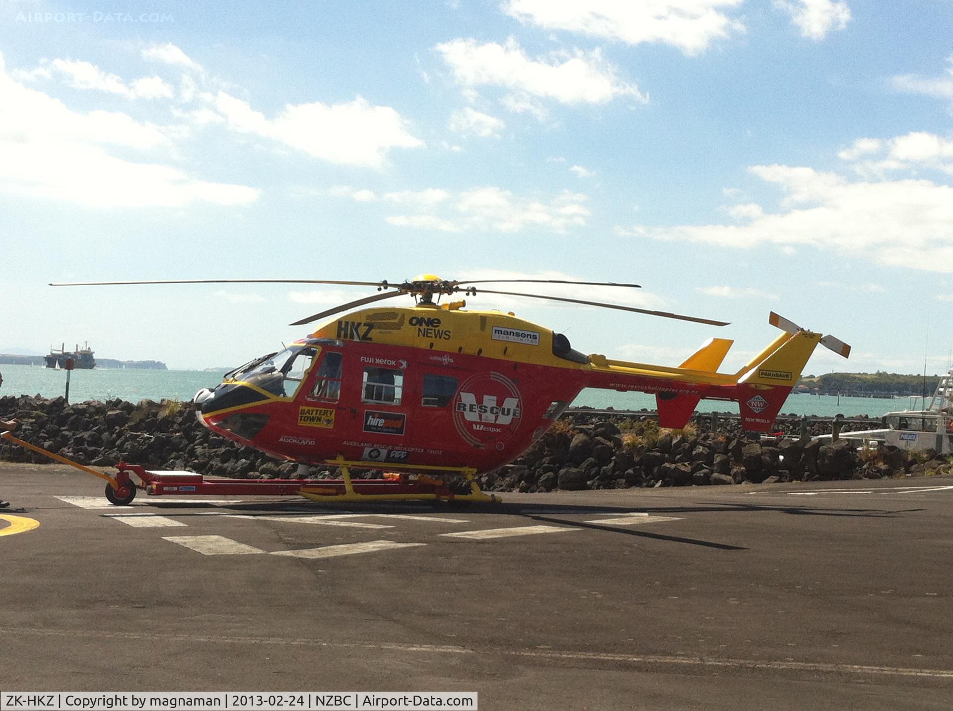 ZK-HKZ, MBB-Kawasaki BK-117B-2 C/N 1089, KBB117 rescue chopper - c/n 1089. At main Auckland docks heliport.
