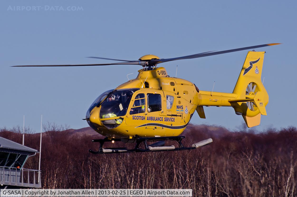 G-SASA, 2000 Eurocopter EC-135T-2 C/N 0147, Scottish Ambulance Service G-SASA departing Oban airport.