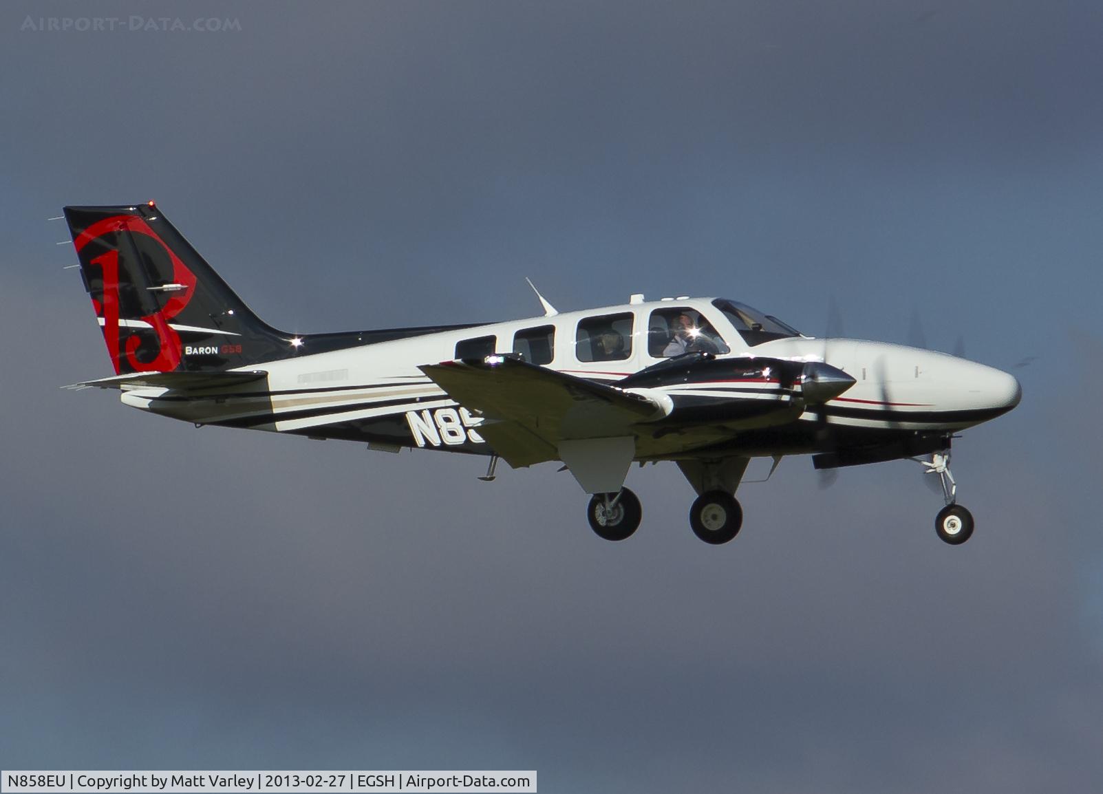 N858EU, 2013 Beechcraft G58 Baron C/N TH-2350, Arriving at EGSH.