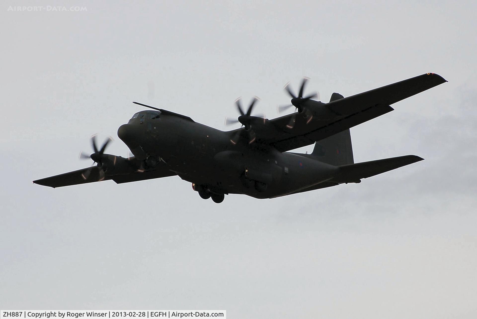 ZH887, 1999 Lockheed Martin C-130J Hercules C.5 C/N 382-5485, RAF Hercules C.5 coded 887 of the Brize Norton Transport Wing makes a practice approach to Runway 22. Note change of colour scheme to dark green.