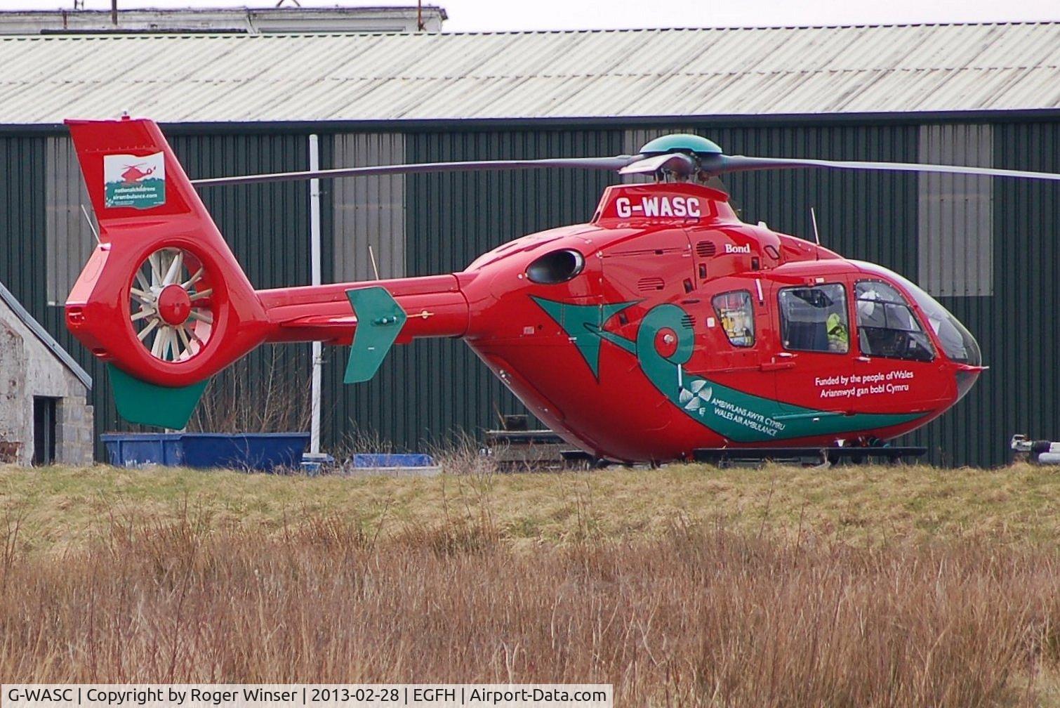 G-WASC, 2012 Eurocopter EC-135T-2+ C/N 1074, Welshpool Airport based Wales Air Ambulance helicopter (Helimed 59) makes a brief visit to Swansea Airport.