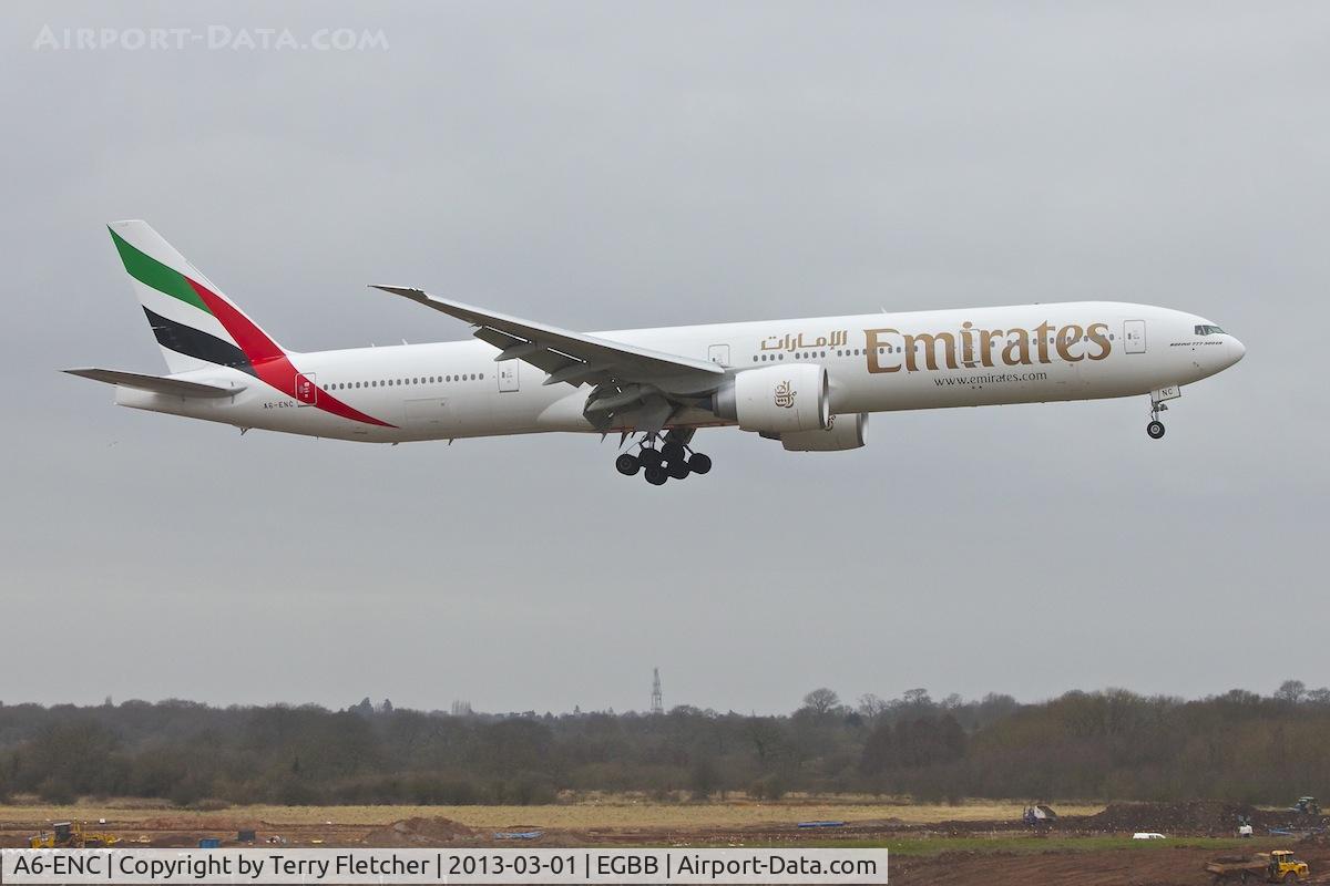 A6-ENC, 2012 Boeing 777-31H/ER C/N 41083, Emirates 2012 Boeing 777-31H(ER), c/n: 41083 landing over all the Runway construction at Birmingham