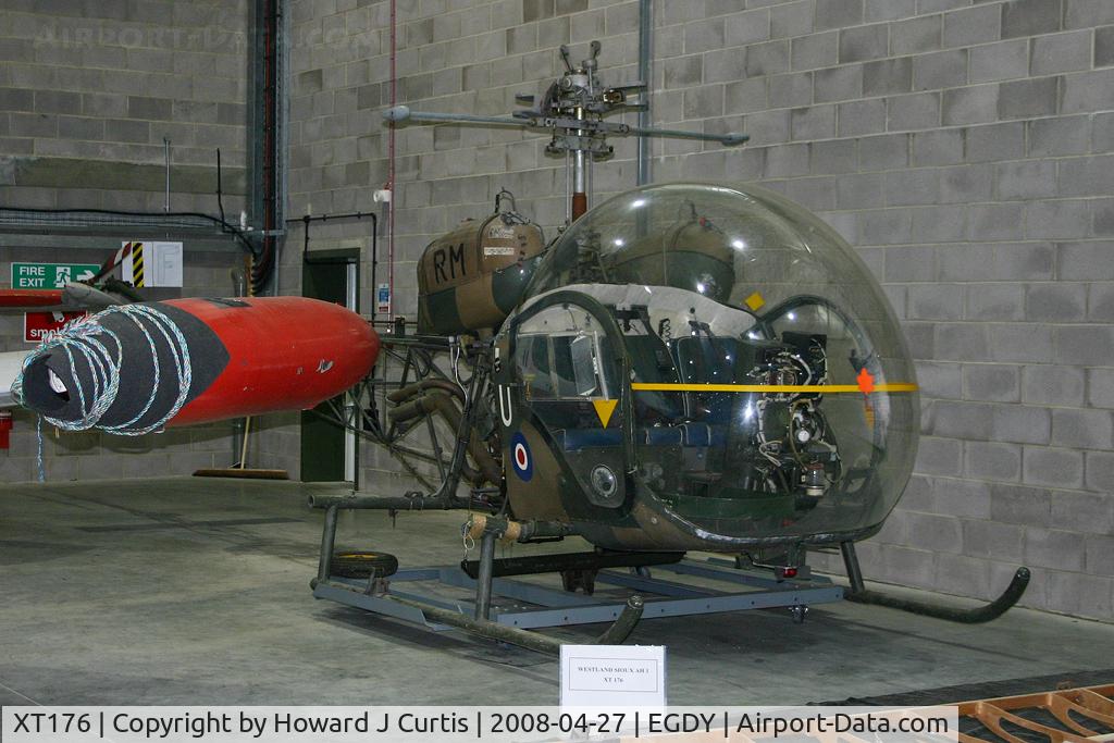 XT176, 1965 Westland Sioux AH.1 C/N WA.335, Royal Marines, ex U/3 CBAS. In the FAA Museum's Cobham Hall storage and restoration facility.
