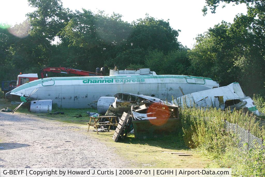 G-BEYF, 1963 Handley Page HPR-7 Herald 401 C/N 175, Ex Channel Express. Sadly had to be scrapped after the airport gave the Bournemouth Aviation Museum notice to vacate their hangars ... which were still in use five years later.