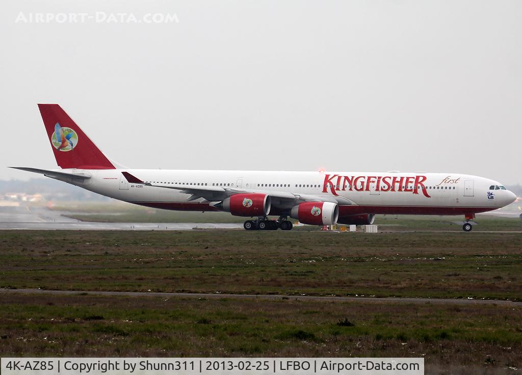 4K-AZ85, 2008 Airbus A340-542 C/N 886, Last test flight for Airbus in Kingfisher c/s before going to paintshop... For Azerbaijan Airlines