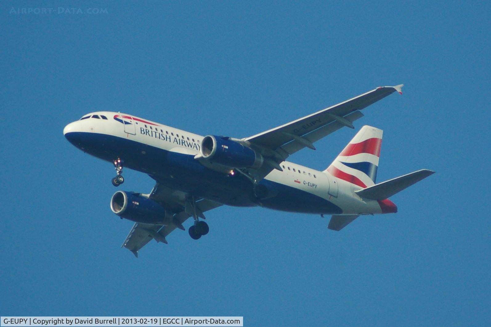 G-EUPY, 2001 Airbus A319-131 C/N 1466, British Airways Airbus A319-131 on approach to Manchester Airport