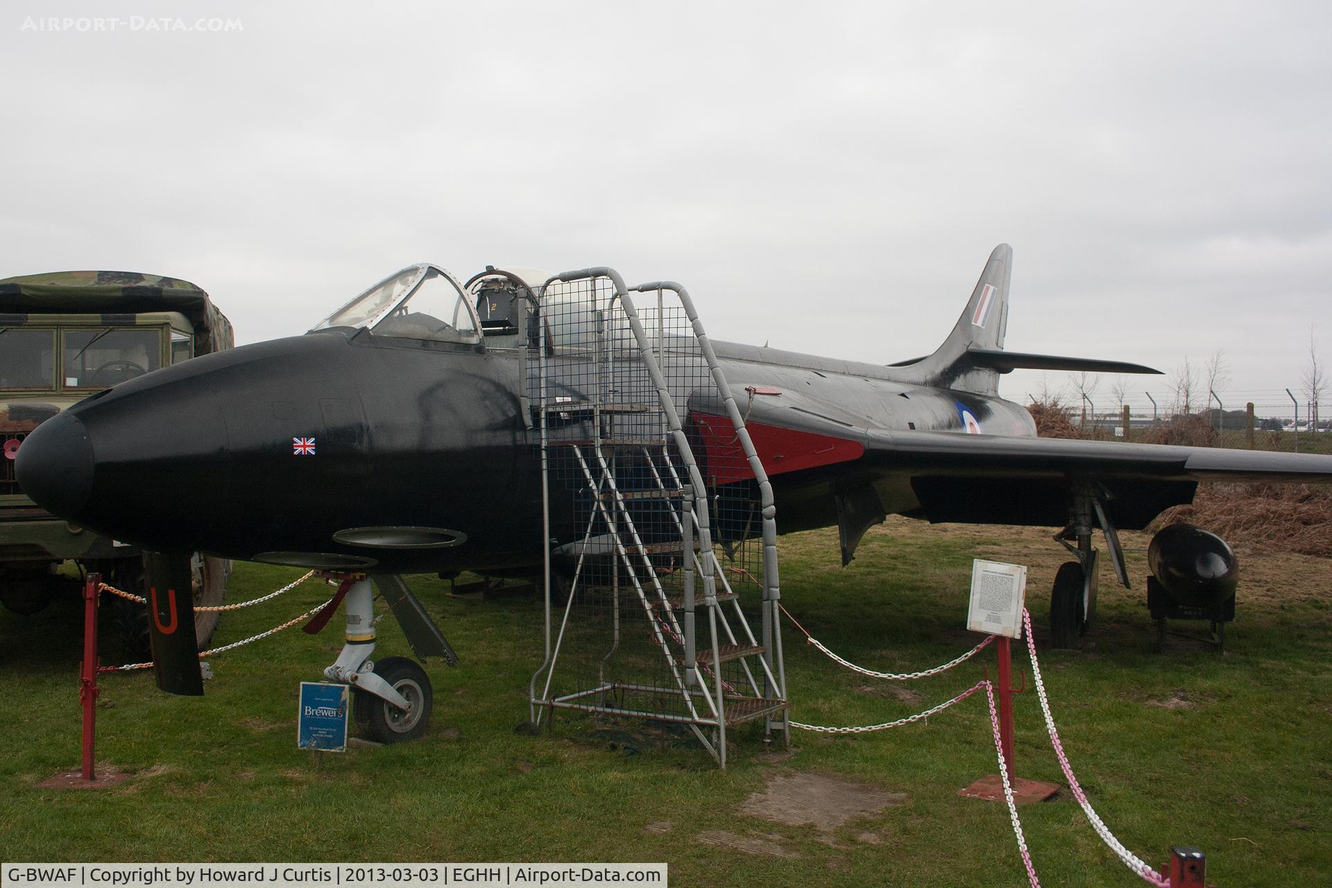 G-BWAF, 1956 Hawker Hunter F.6A C/N S4/U/3393, Painted as XG160/U. Preserved at the Bournemouth Aviation Museum.