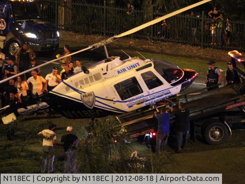 N118EC, 1977 Bell 206B JetRanger III C/N 2218, The helicopter landed hard and the main rotor blades contacted and severed the tail boom, forward of the tail rotor assembly.
The investigation later revealed that they ran out of fuel in flight.