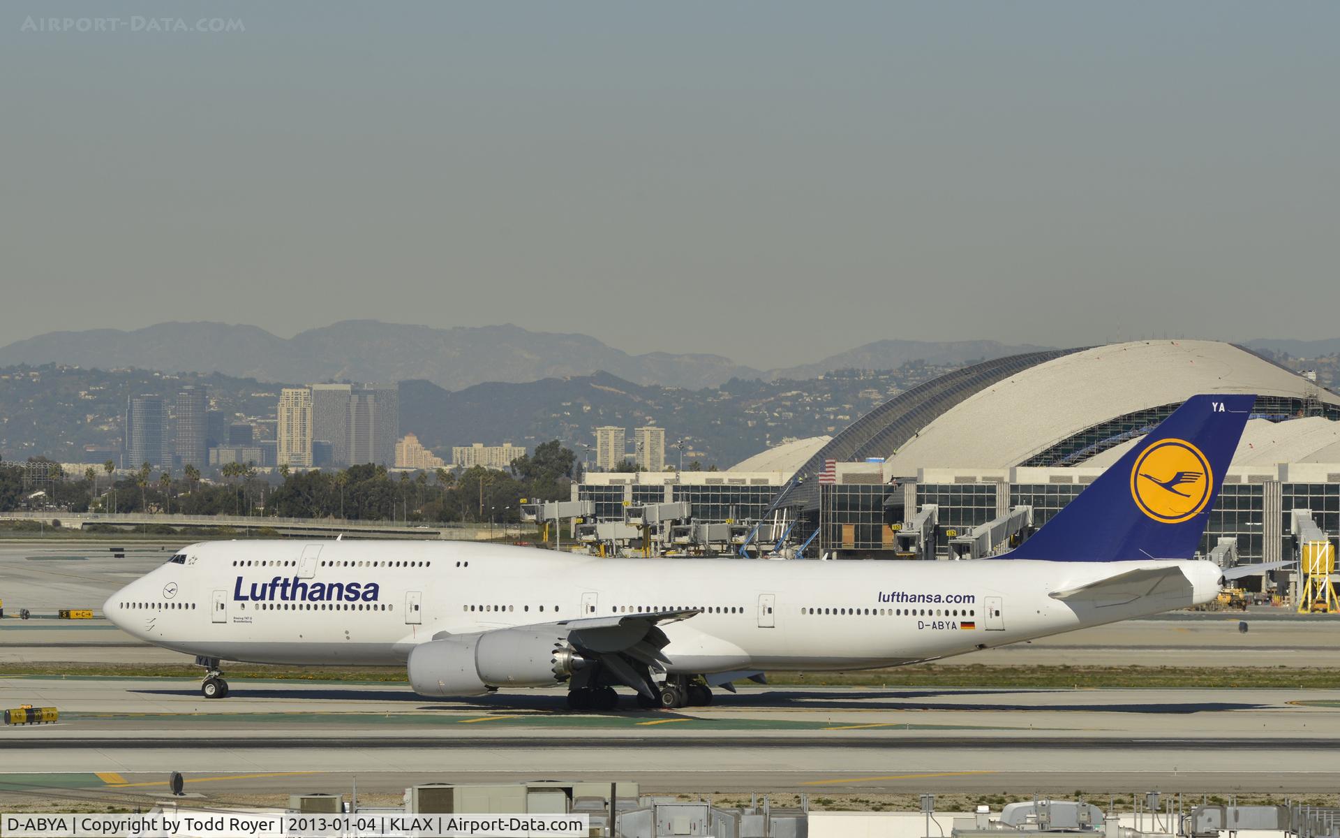 D-ABYA, 2012 Boeing 747-830 C/N 37827, Taxiing to gate at LAX