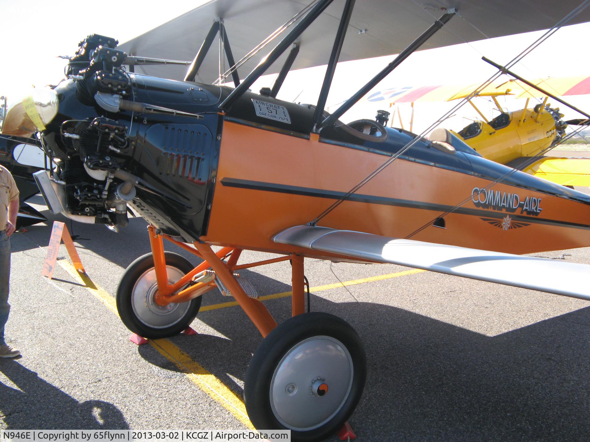 N946E, 1929 Command-aire 5C-3 C/N W-95, Note the absence of an exhaust collector ring and the 1929 Oregon aircraft license plate.  The ying-yang symbol is a tribute to John Thurmond, an early aircraft restorer, who incorporated it into all his planes.