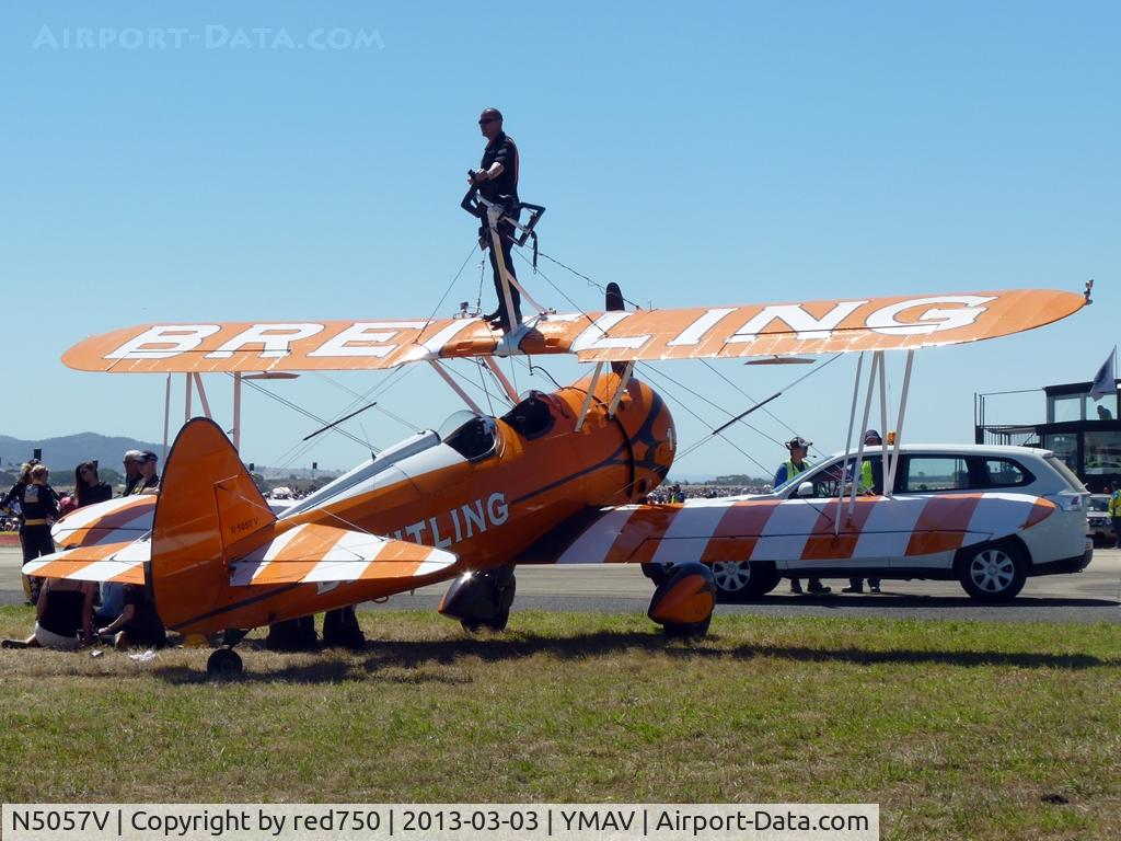 N5057V, 1942 Boeing A75N1(PT17) C/N 75-5598, N5057V awaiting its turn to perform at the 2013 Australian International Airshow, Avalon. The second aircraft was unservicable.