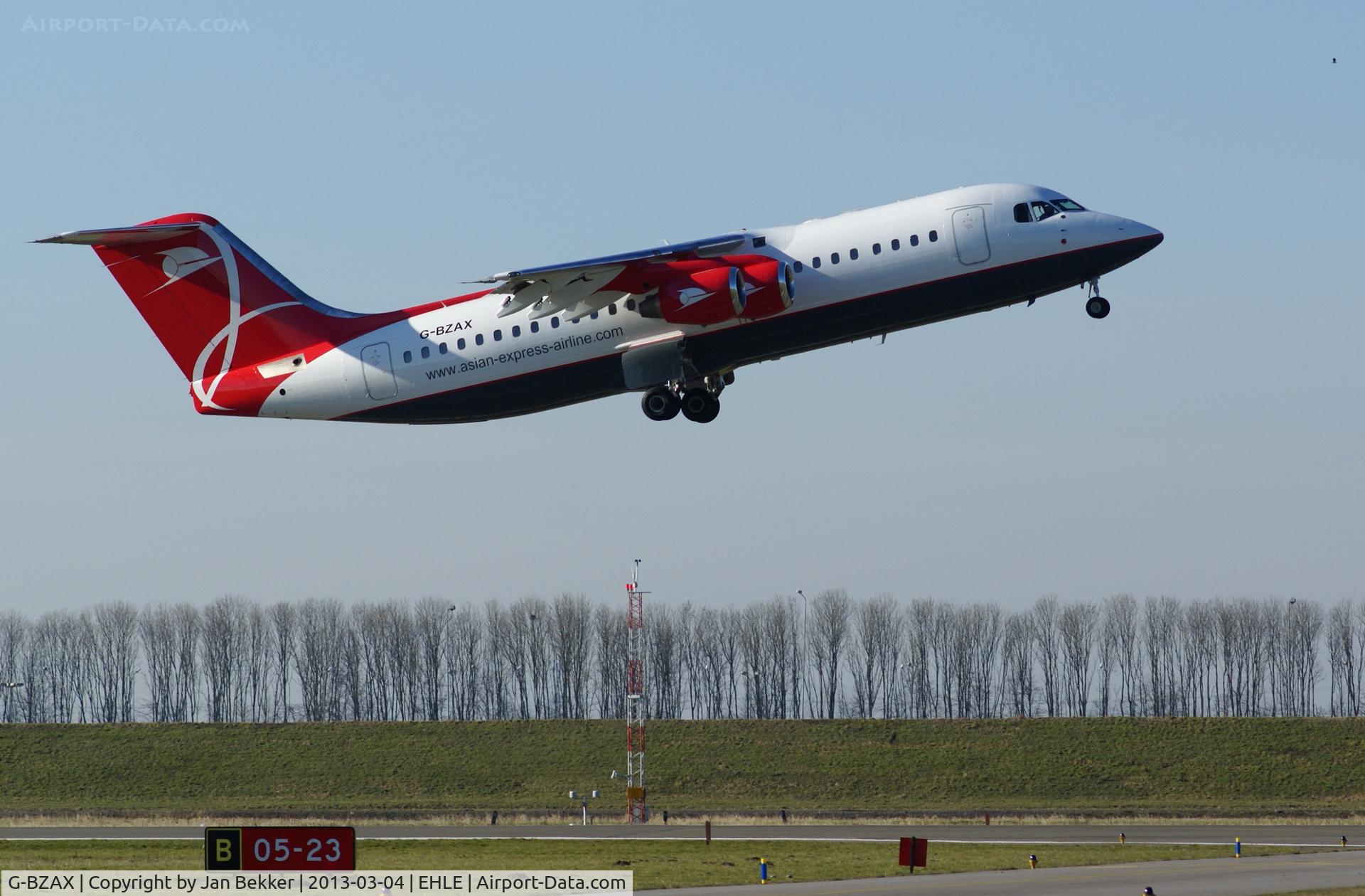 G-BZAX, 1999 British Aerospace Avro 146-RJ100 C/N E3356, First take off in new livery of Asian Express Airline.