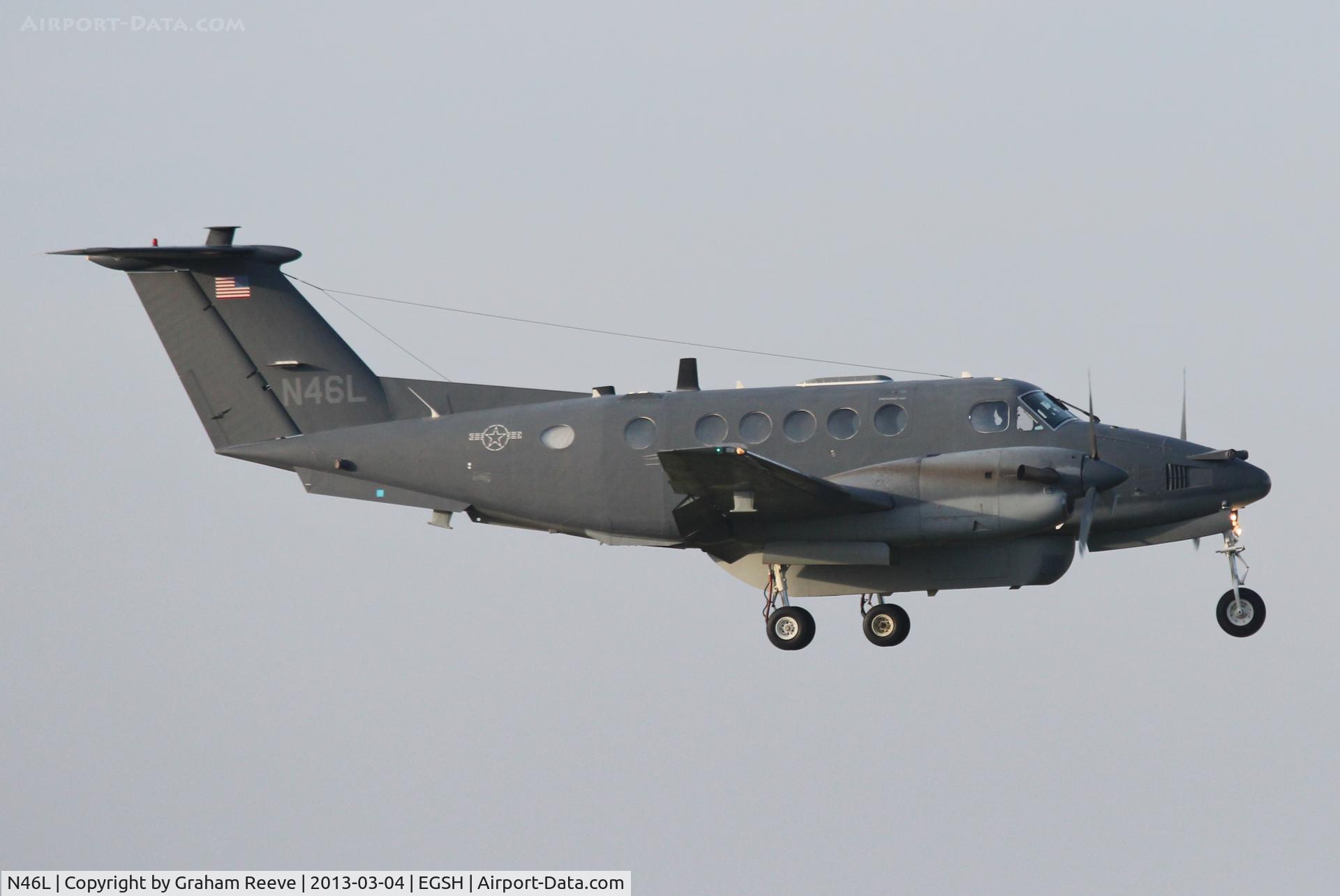 N46L, 1978 Beech 200 (C-12C) King Air C/N BC-56, US Army Beech 200 about to touch down at Norwich.