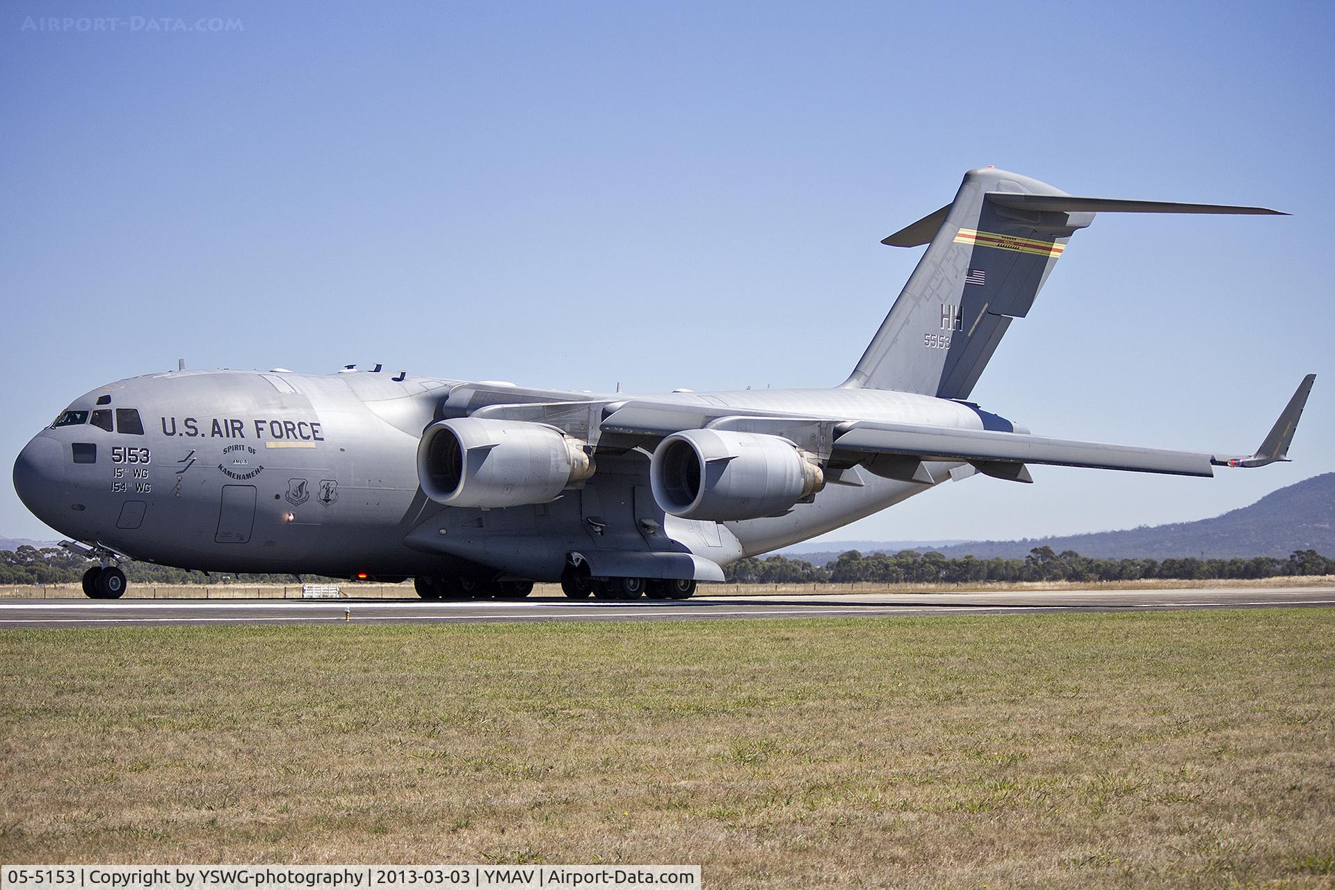 05-5153, 2005 Boeing C-17A Globemaster III C/N P-153, U.S. Air Force C-17A Globemaster III waiting for take off clearance during the 2013 Avalon Airshow.