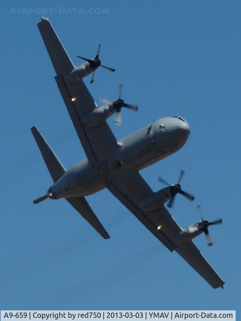 A9-659, Lockheed AP-3C Orion C/N 285D-5784, A9-659 at the 2013 Australian International Airshow Avalon. In on-station mode, one engine feathered to extend endurance.