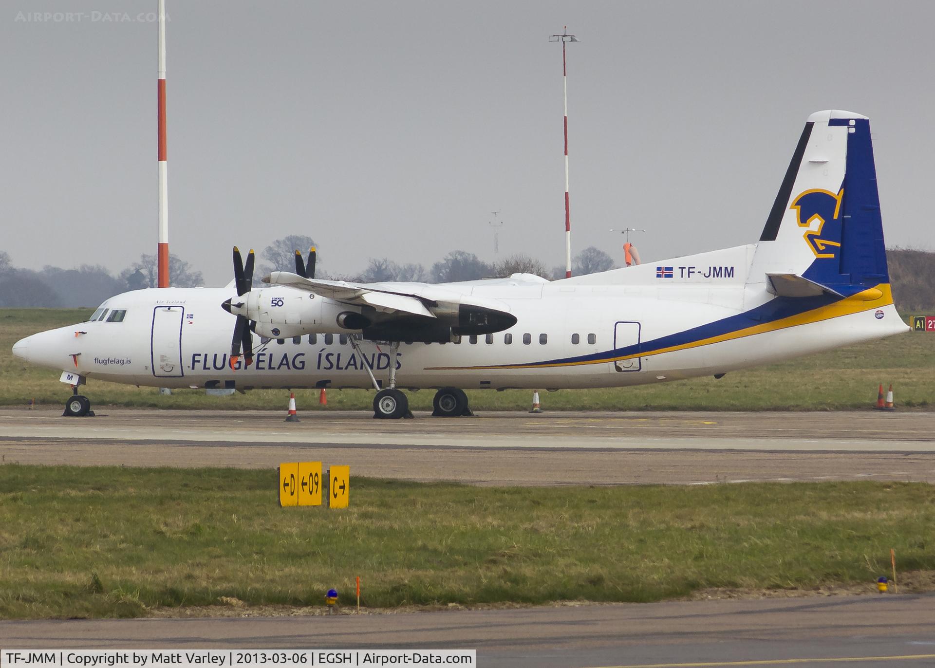 TF-JMM, 1991 Fokker 50 C/N 20214, sat on stand.