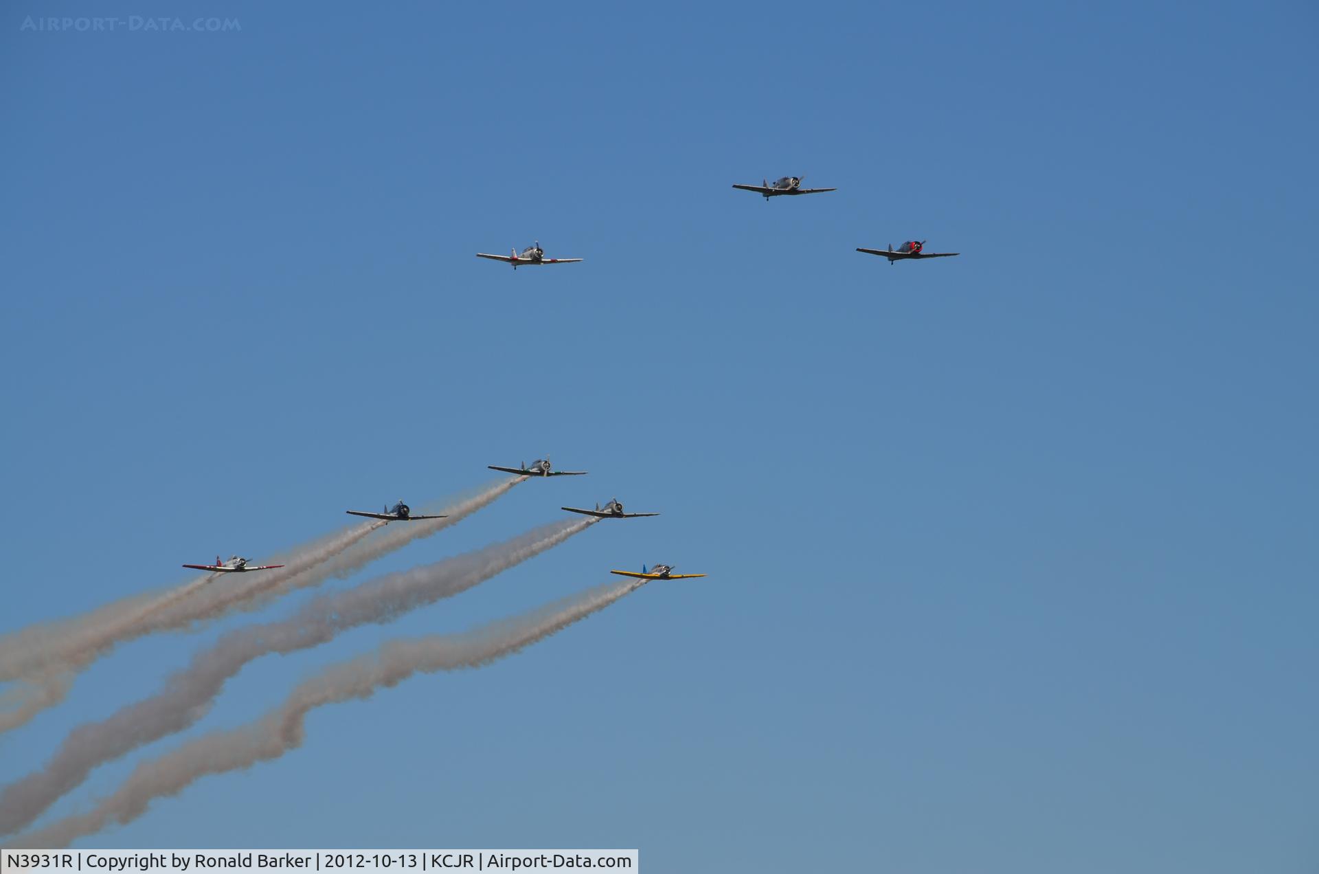 N3931R, North American AT-6B Texan C/N 84-923, Eight ship led by N3931R, N98RJ on left, N36, second formation with N502 leading, N796WM and N7572 left, N9801C and N211 right - Culpeper Air Fest 2012