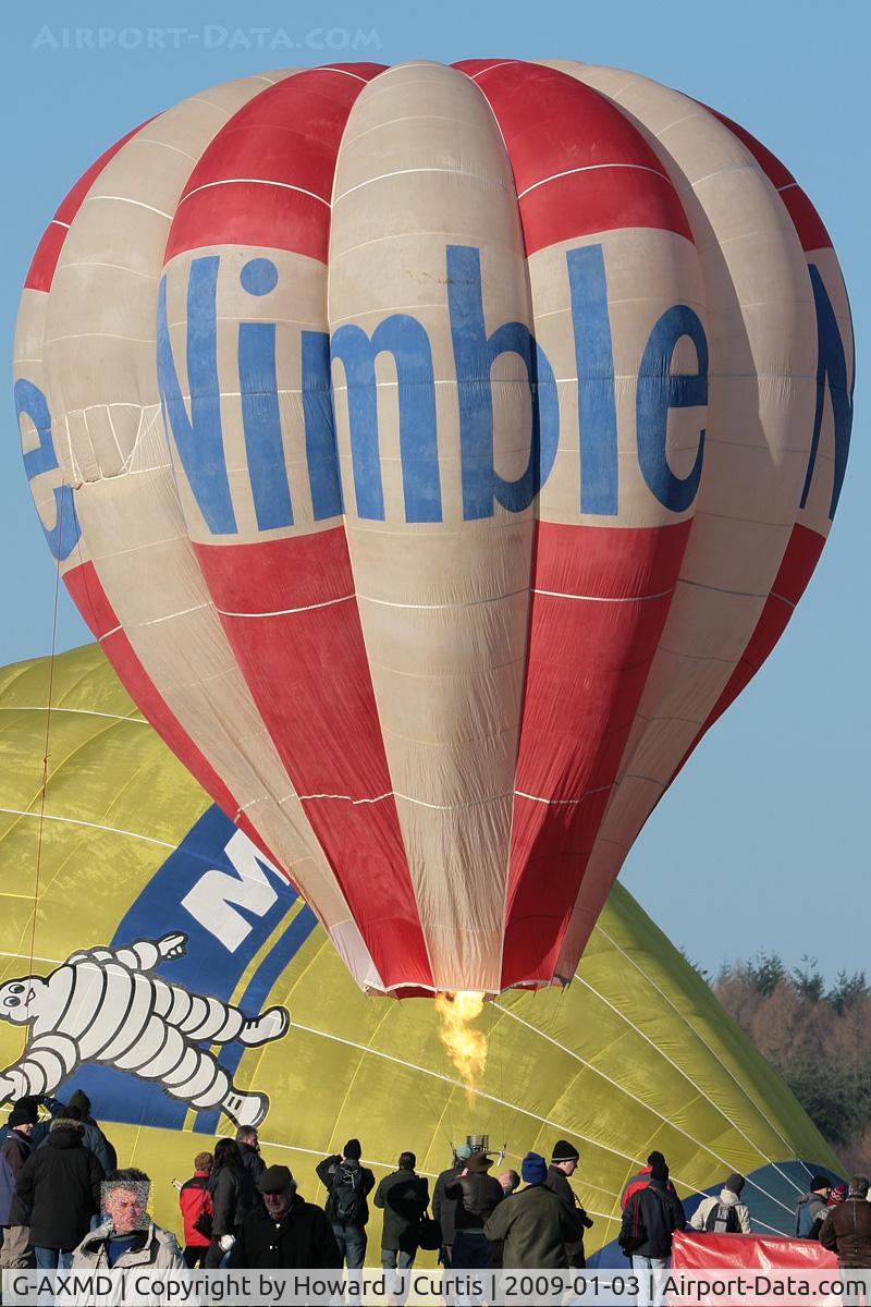 G-AXMD, Omega Aerostatics Ltd OMEGA HOT AIR BALLOON C/N 06, Nimble. On of the oldest hot air balloons still in existence in the UK. At the Icicle Balloon Meet, Savernake.