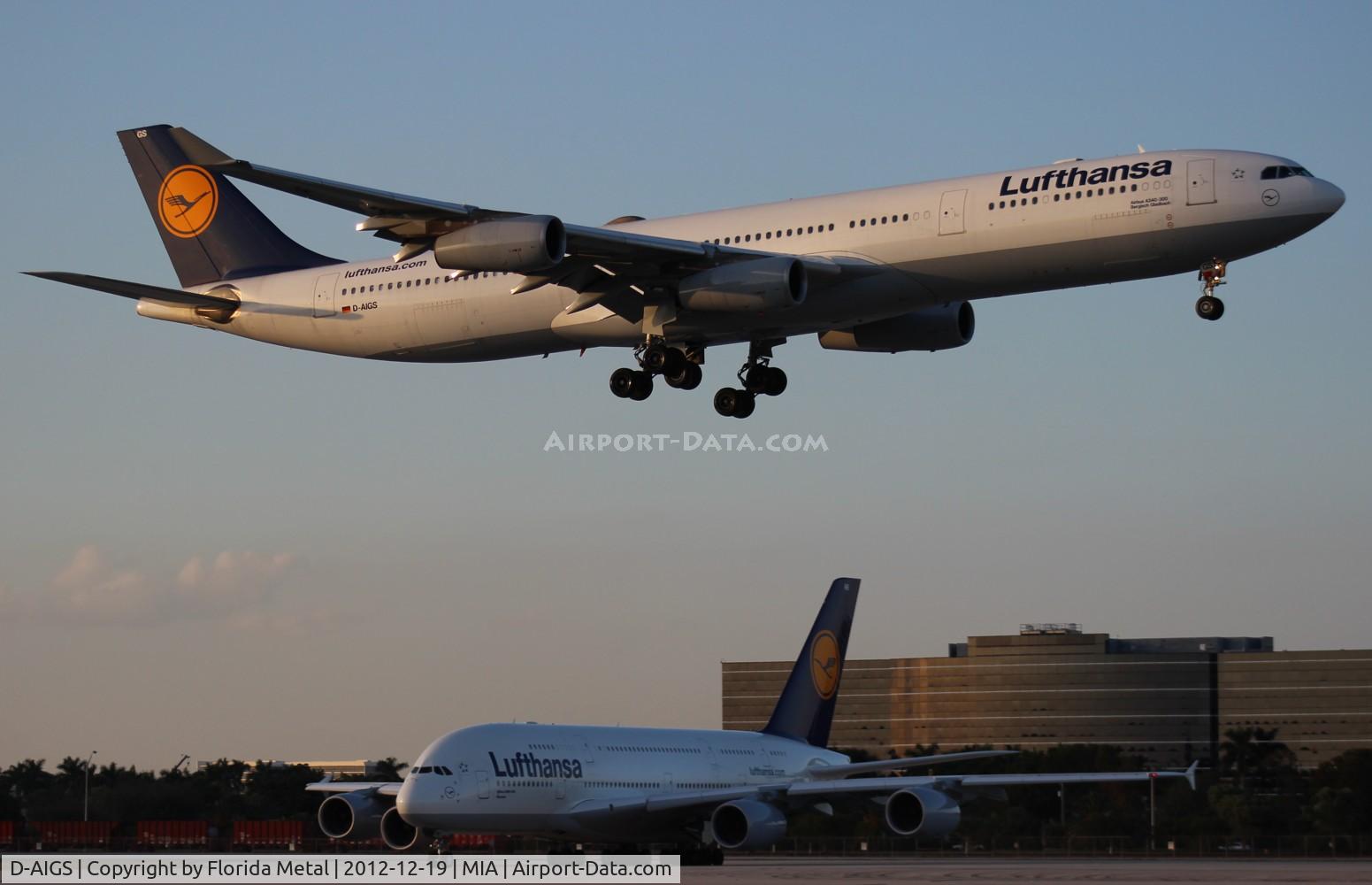 D-AIGS, 1999 Airbus A340-313 C/N 297, Lufthansa A340-300 passing company A380