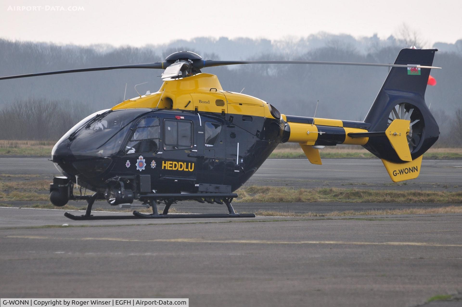 G-WONN, 2007 Eurocopter EC-135T-2+ C/N 0597, Visiting South and East Wales Police Air Support Unit helicopter (Police 32). Marked POLICE on the starboard side.