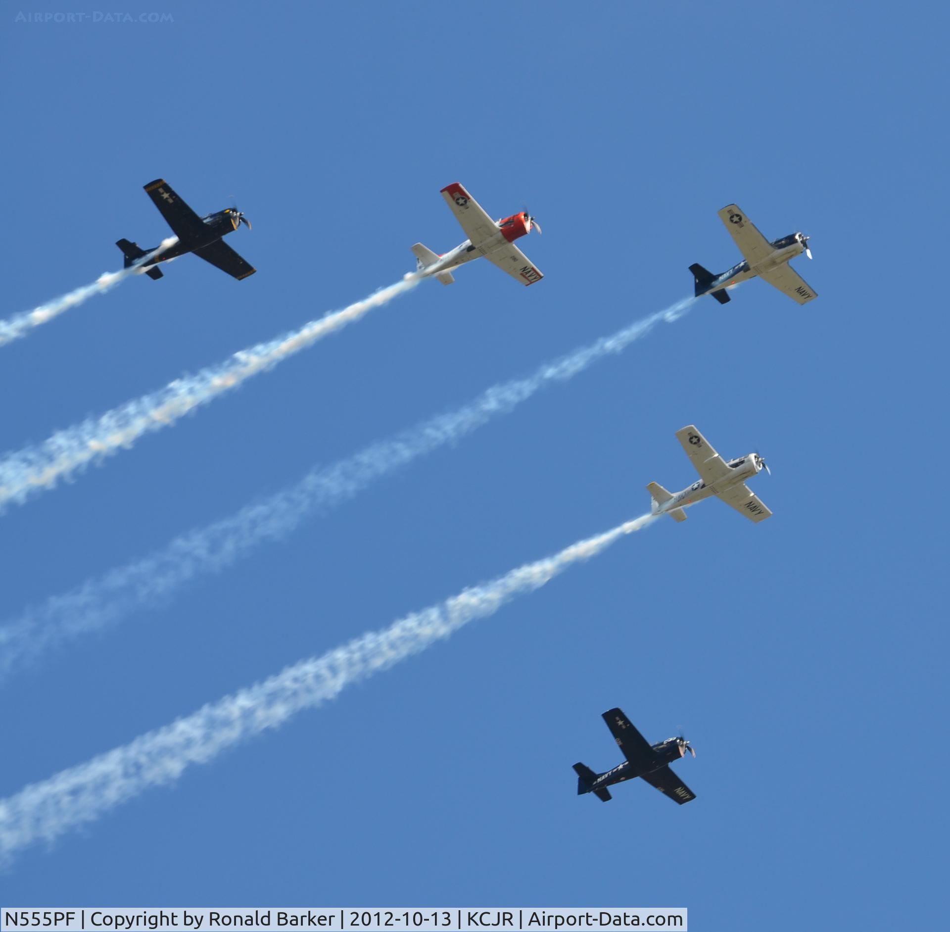 N555PF, 1954 North American T-28B Trojan C/N 200-336 (138265), N555PF leading five ship with N528TC , N65491 on left and N194RR, N281CM on the right - Culpeper Air Fest 2012