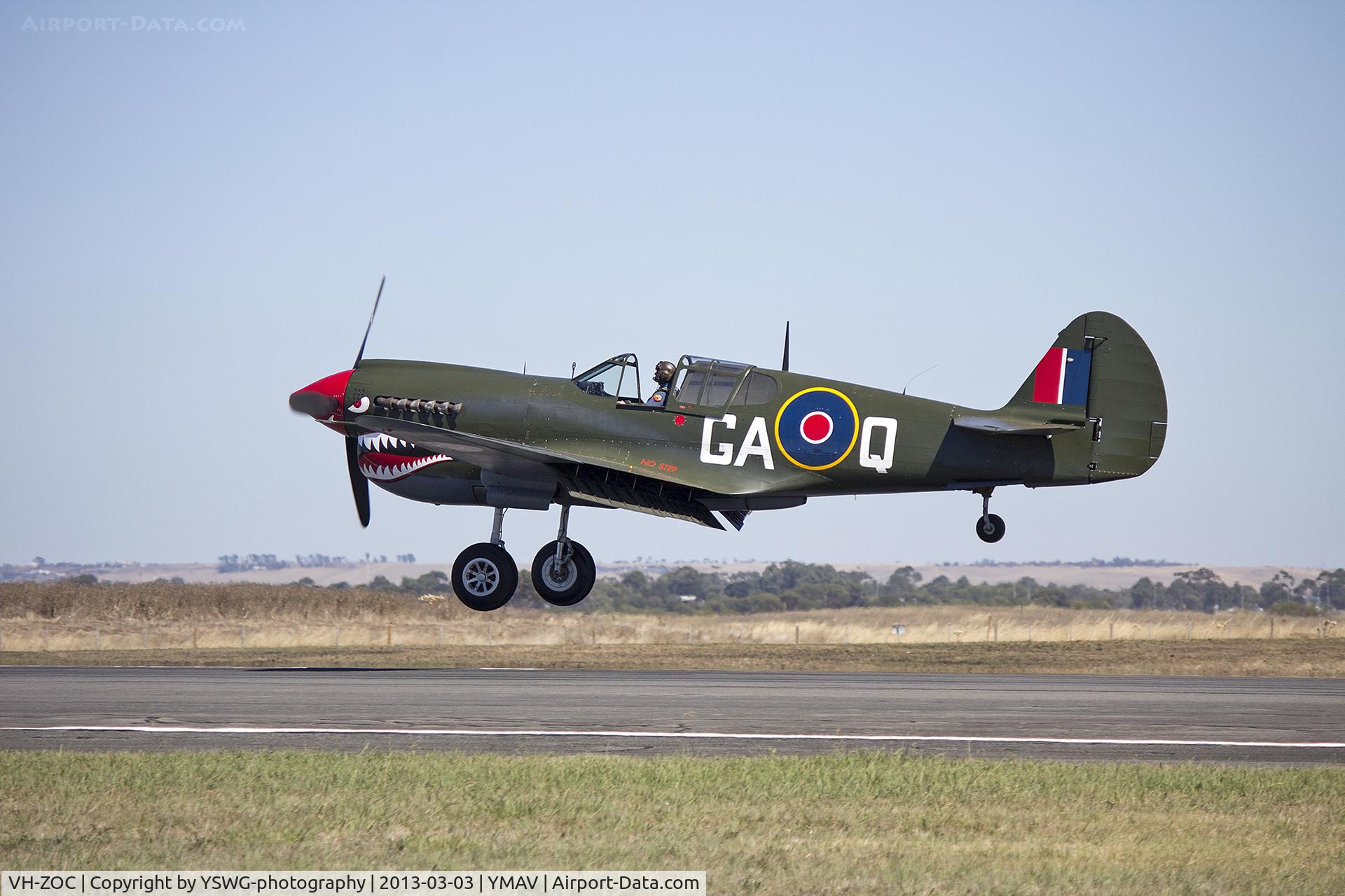 VH-ZOC, 1943 Curtiss Wright P-40N Warhawk C/N 28449, Allan Arthur's (VH-ZOC) Curtiss P-40N Kittyhawk (Warhawk), in the livery of the Royal Air Force No. 112 Squadron, landing after an air display during the 2013 Avalon Airshow.